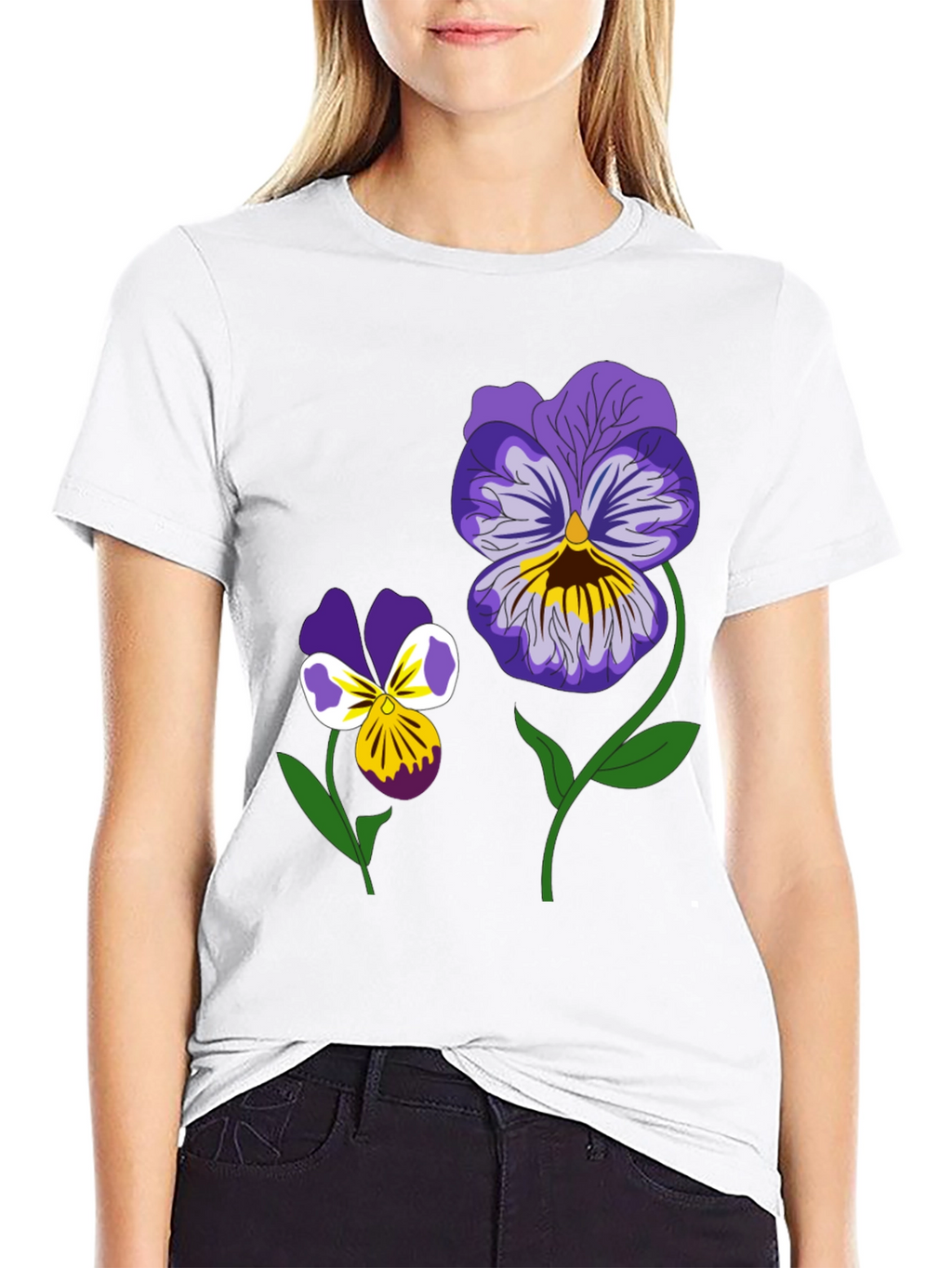Floral Graphic T-Shirt - Pansy Design Black Tee