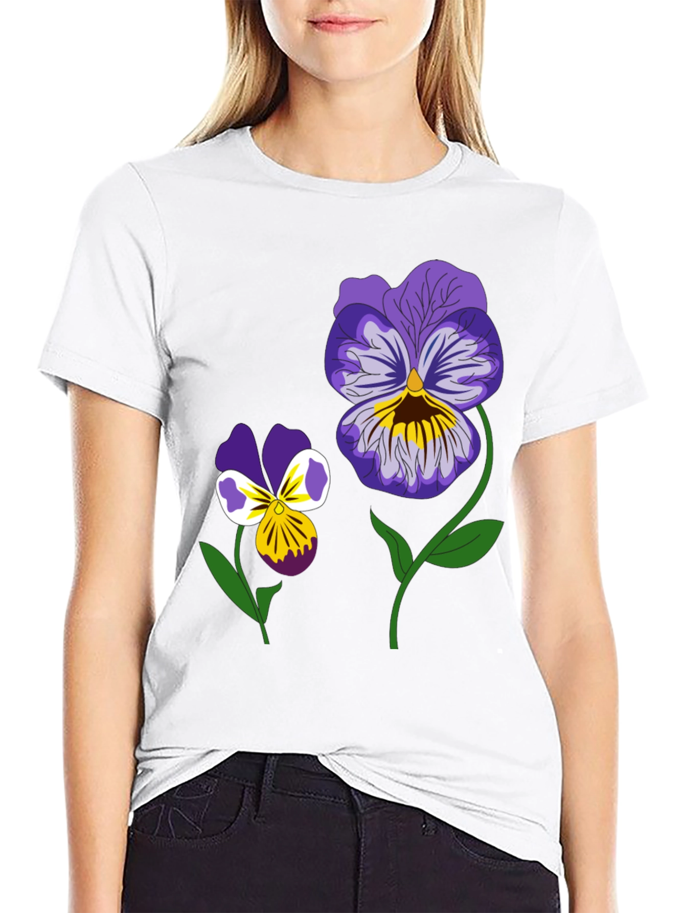 Floral Graphic T-Shirt - Pansy Design Black Tee