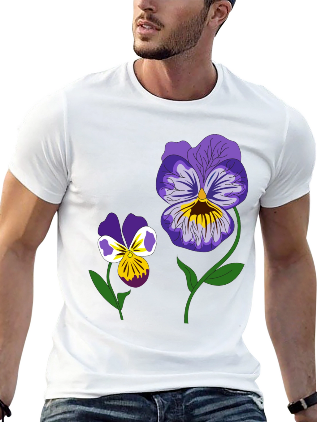 Floral Graphic T-Shirt - Pansy Design Black Tee