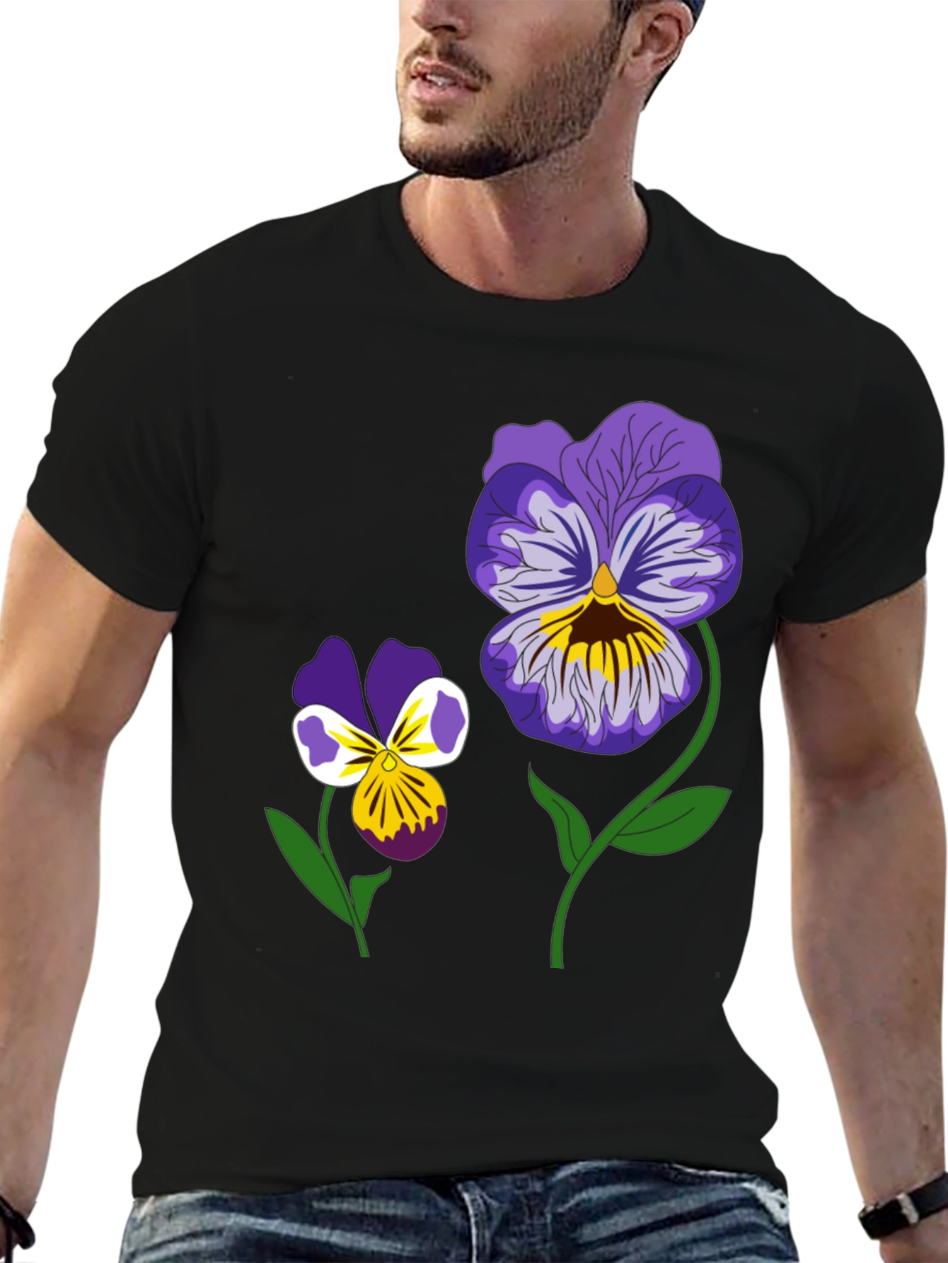 Floral Graphic T-Shirt - Pansy Design Black Tee