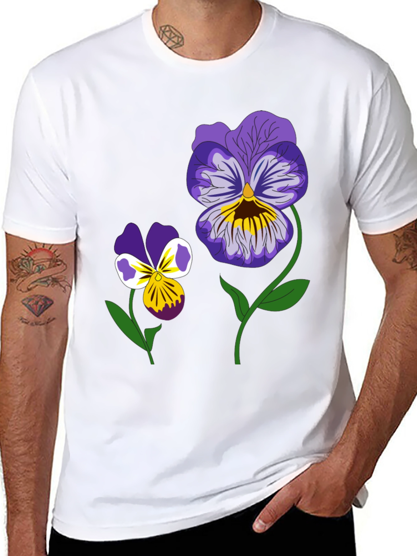 Floral Graphic T-Shirt - Pansy Design Black Tee