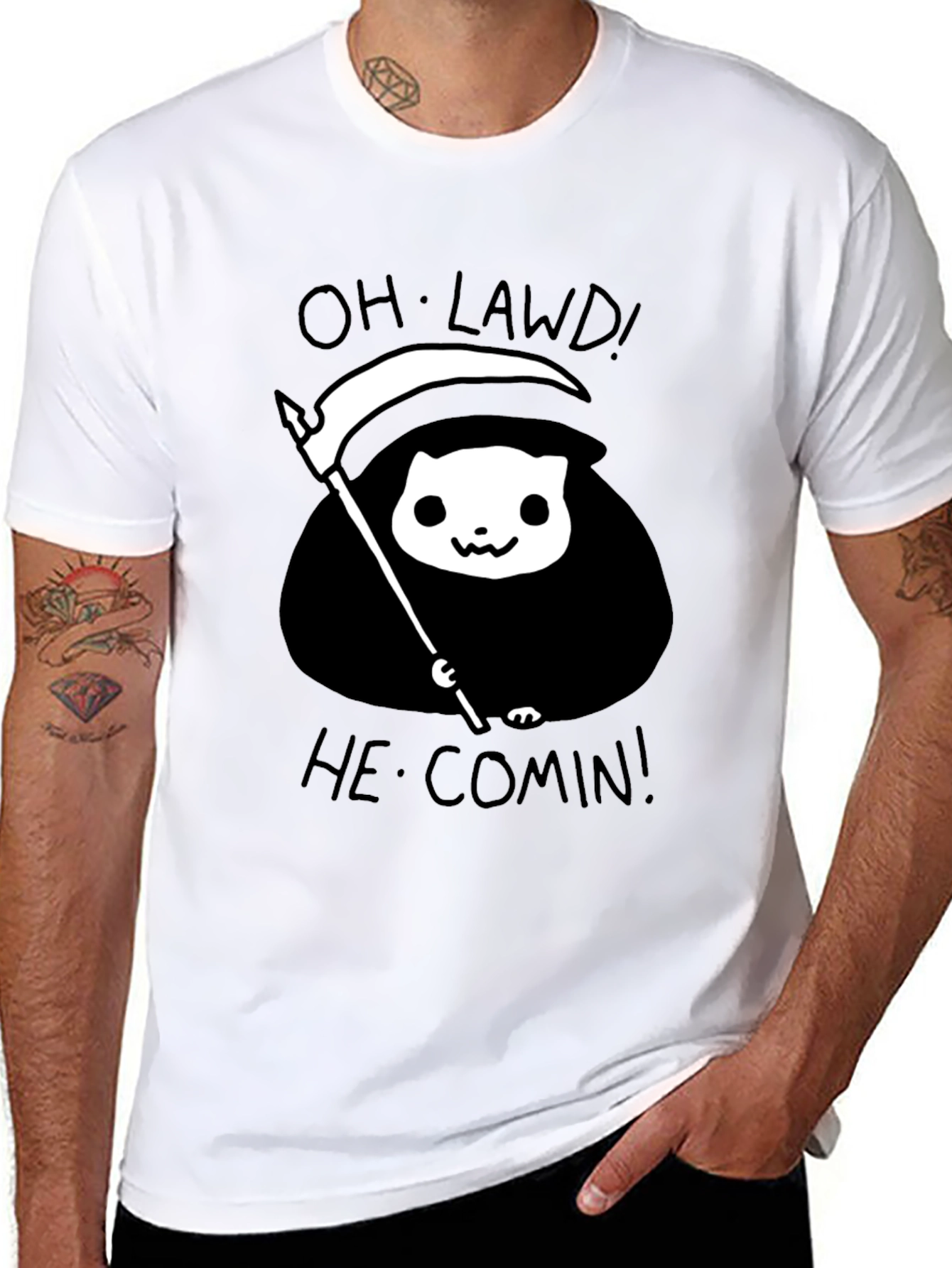 Grim Reaper Cat T-Shirt - Oh Lawd He Comin!