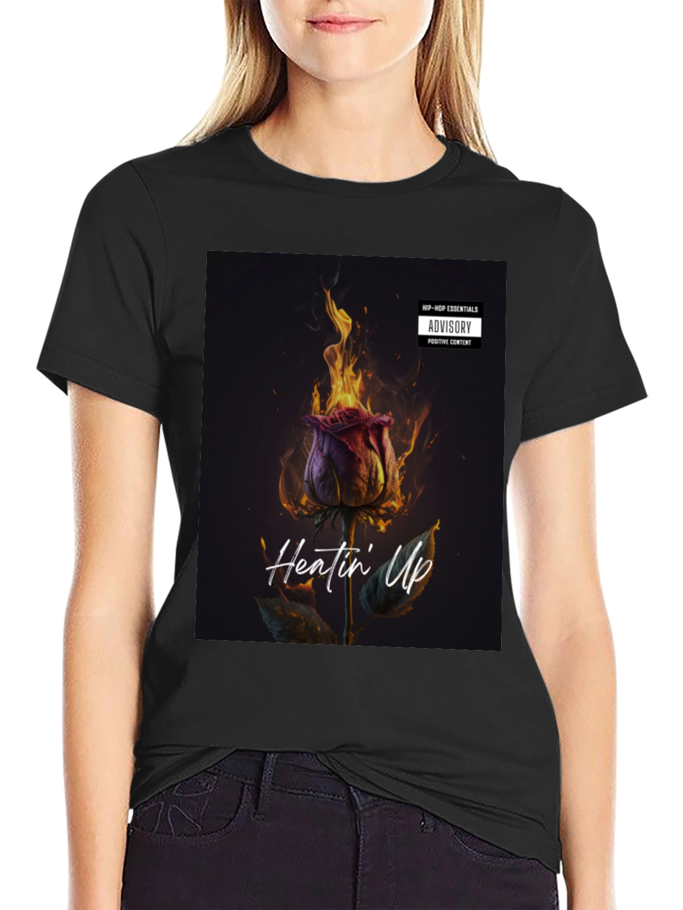 Heatin Up Rose Graphic Tee - Black Cotton Blend