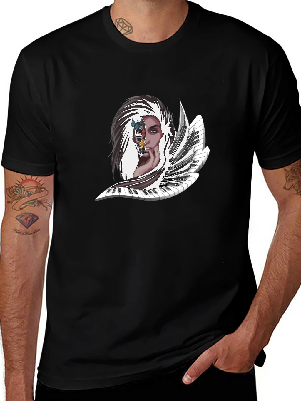 Melody Muse Tee: Artistic Piano & Portrait Design
