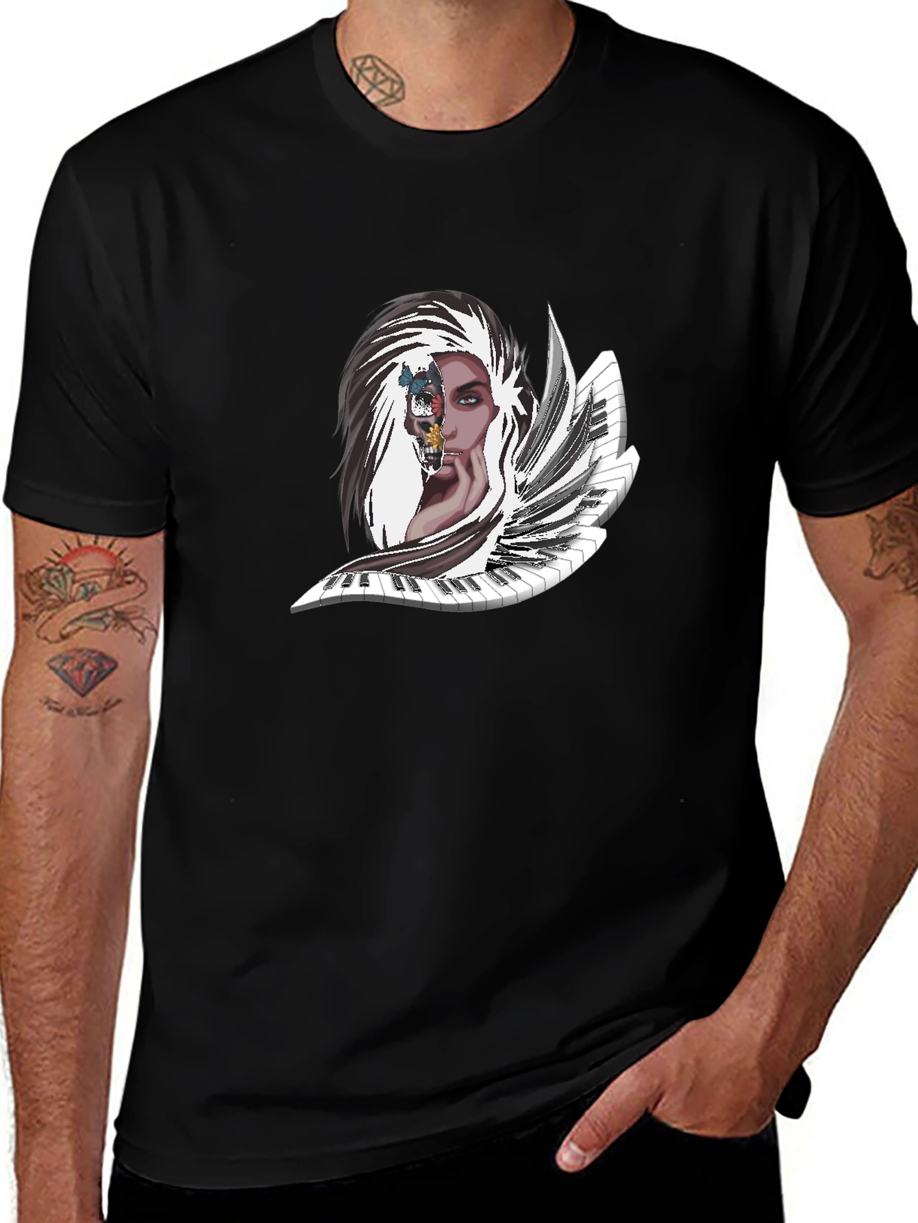 Melody Muse Tee: Artistic Piano & Portrait Design