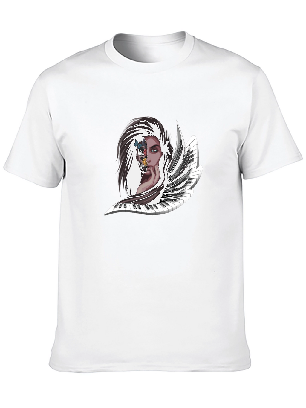 Melody Muse Tee: Artistic Piano & Portrait Design