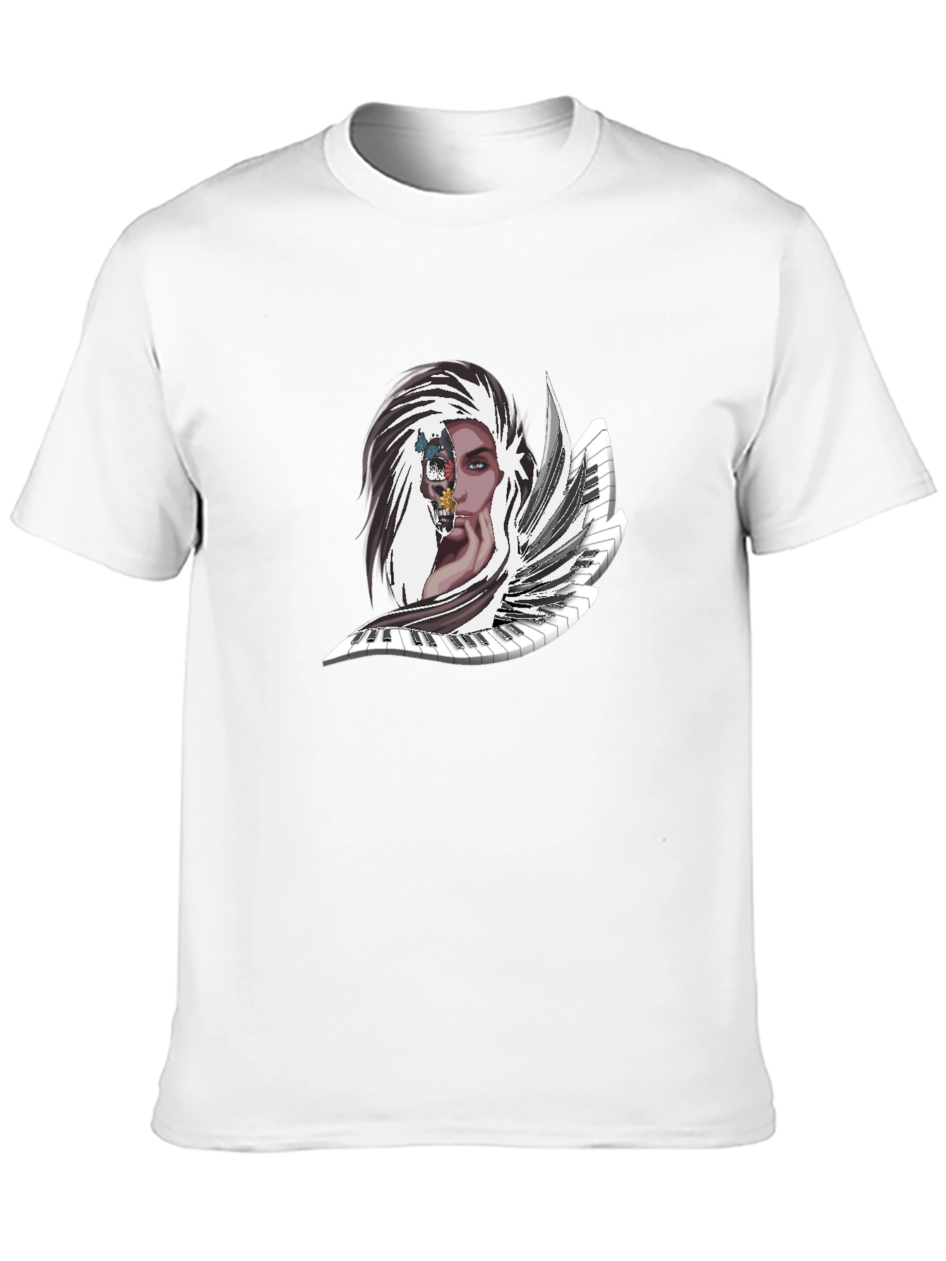 Melody Muse Tee: Artistic Piano & Portrait Design