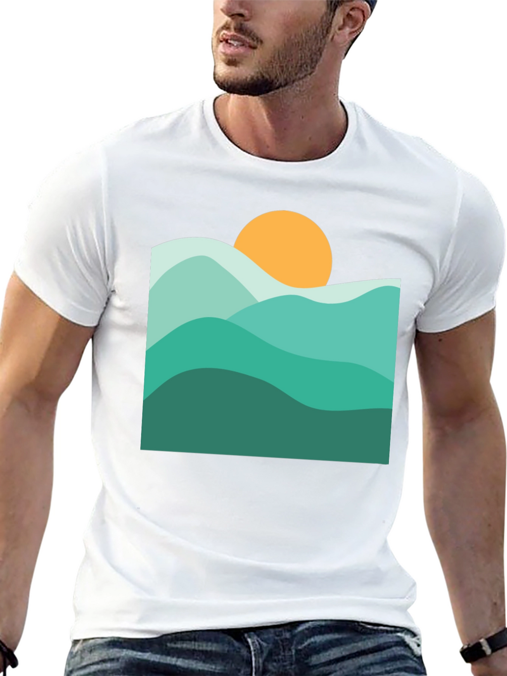 Abstract Mountain & Sun Graphic Black T-Shirt