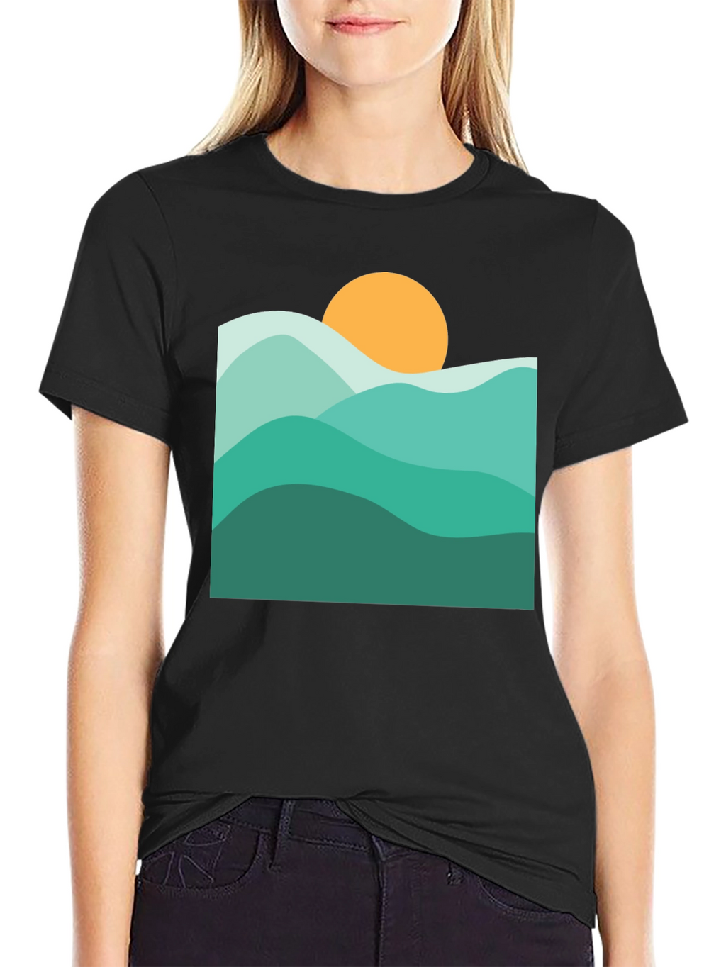 Abstract Mountain & Sun Graphic Black T-Shirt