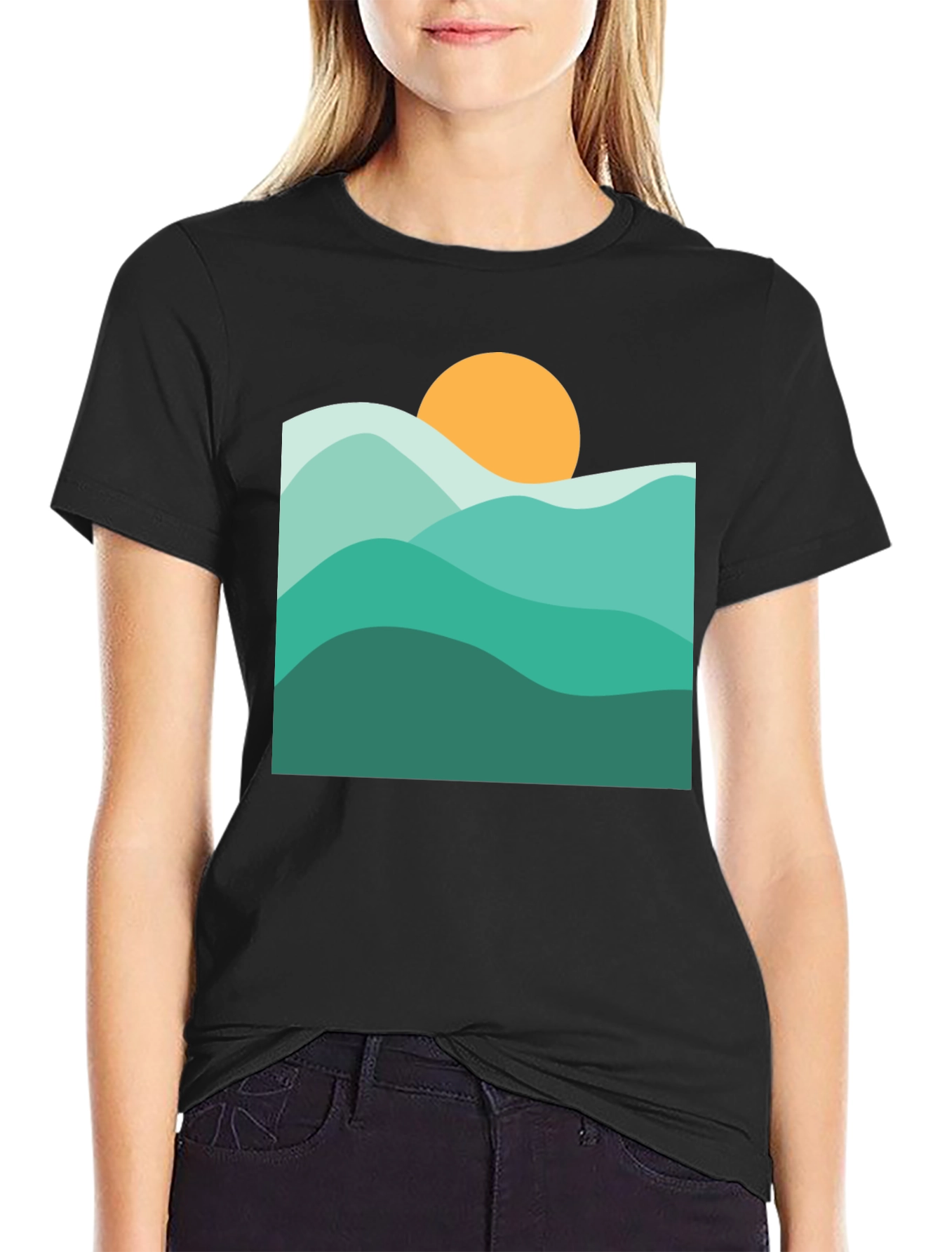 Abstract Mountain & Sun Graphic Black T-Shirt