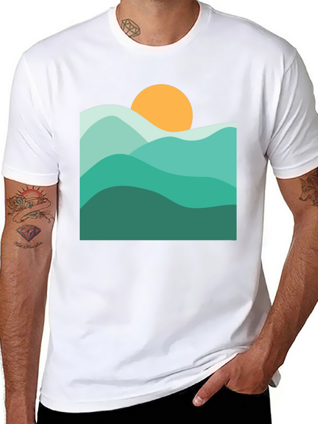 Abstract Mountain & Sun Graphic Black T-Shirt