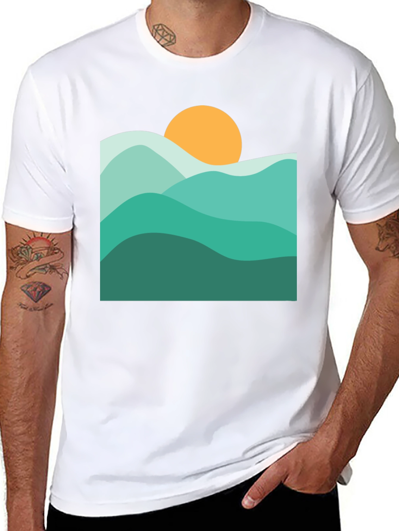 Abstract Mountain & Sun Graphic Black T-Shirt
