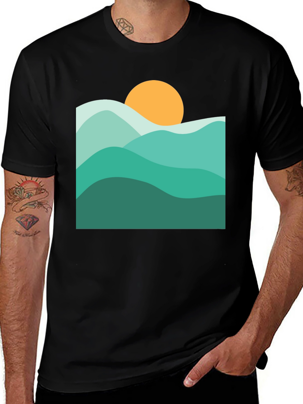 Abstract Mountain & Sun Graphic Black T-Shirt