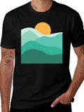 Abstract Mountain & Sun Graphic Black T-Shirt