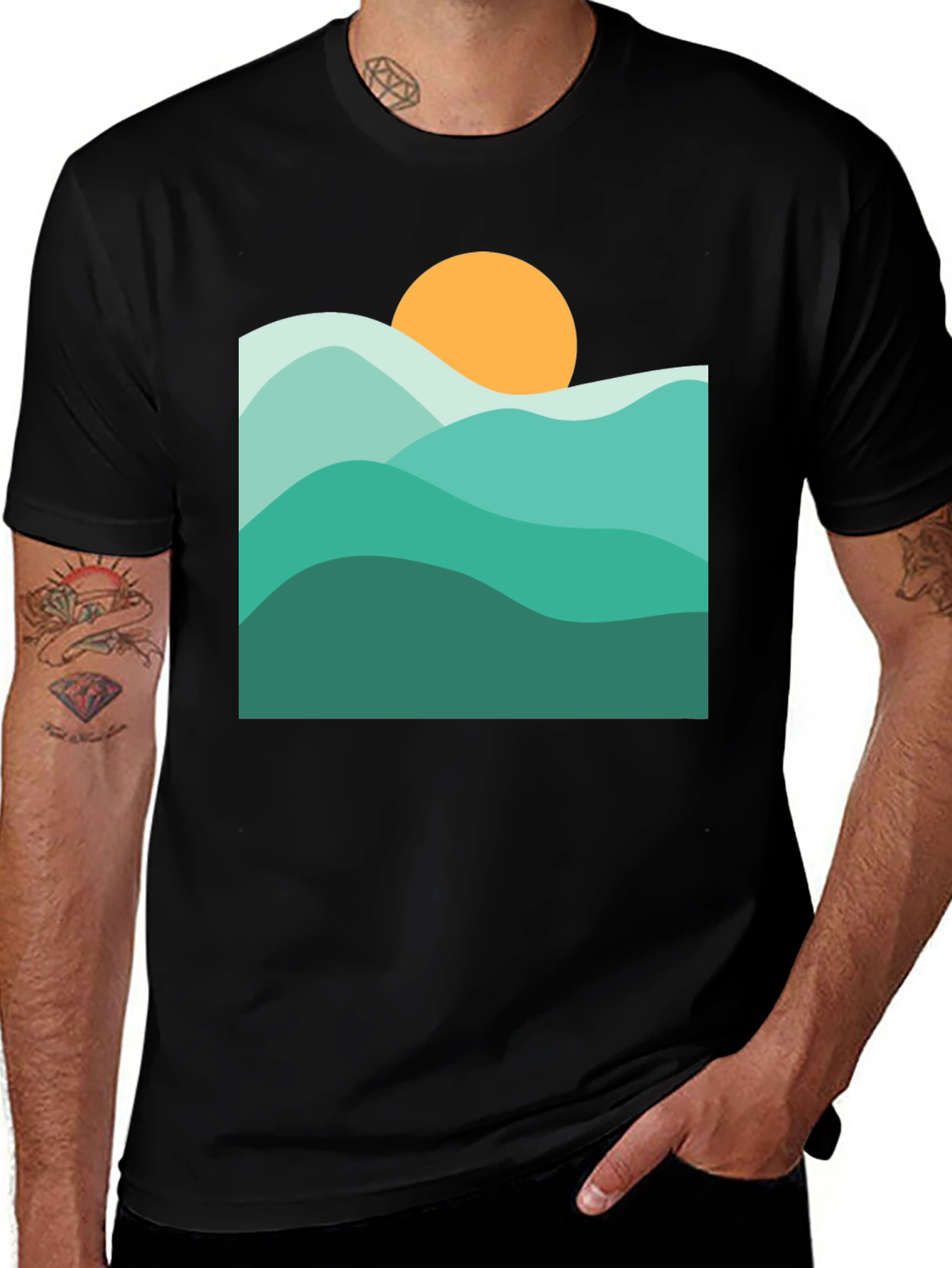 Abstract Mountain & Sun Graphic Black T-Shirt