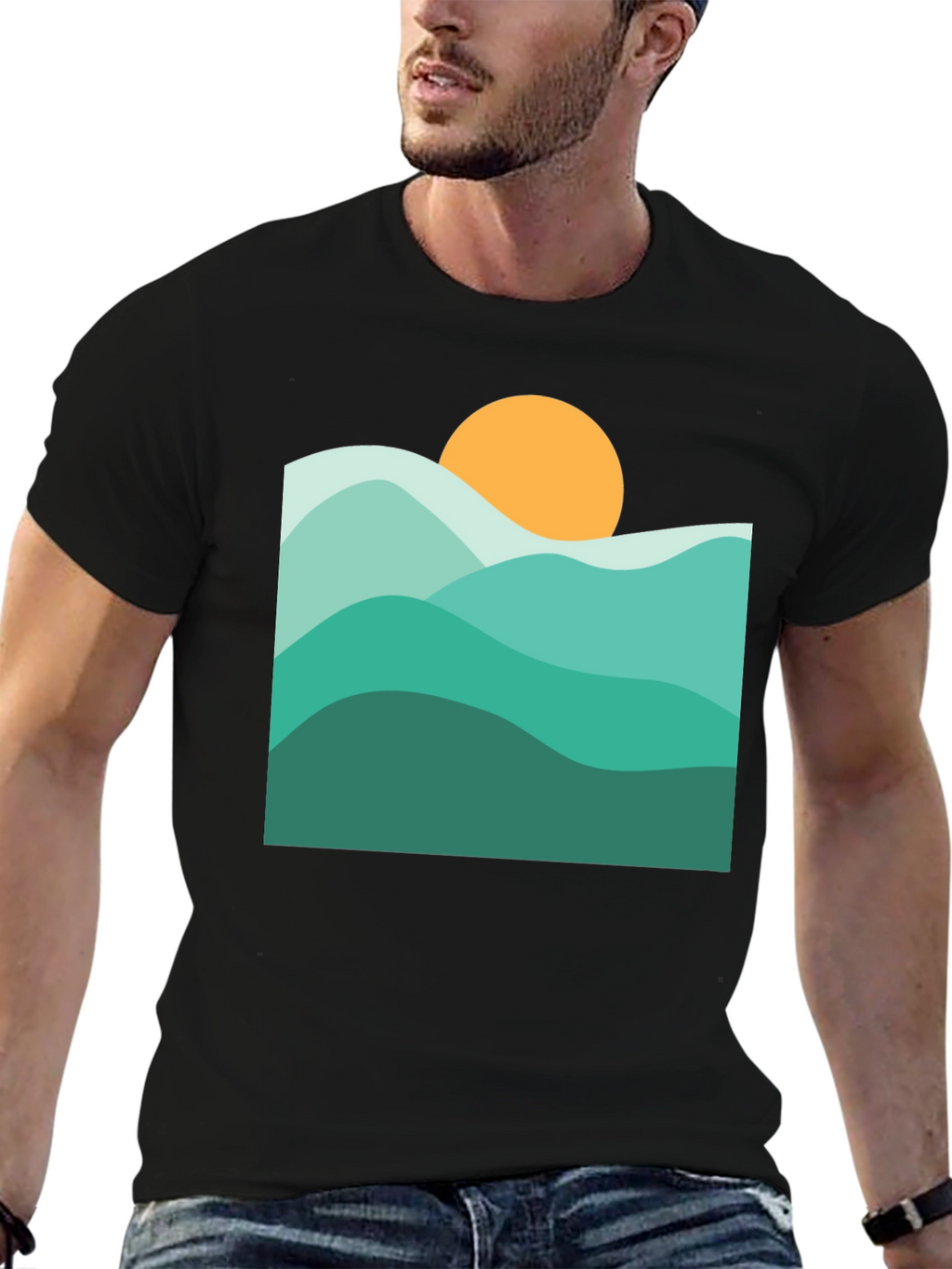 Abstract Mountain & Sun Graphic Black T-Shirt