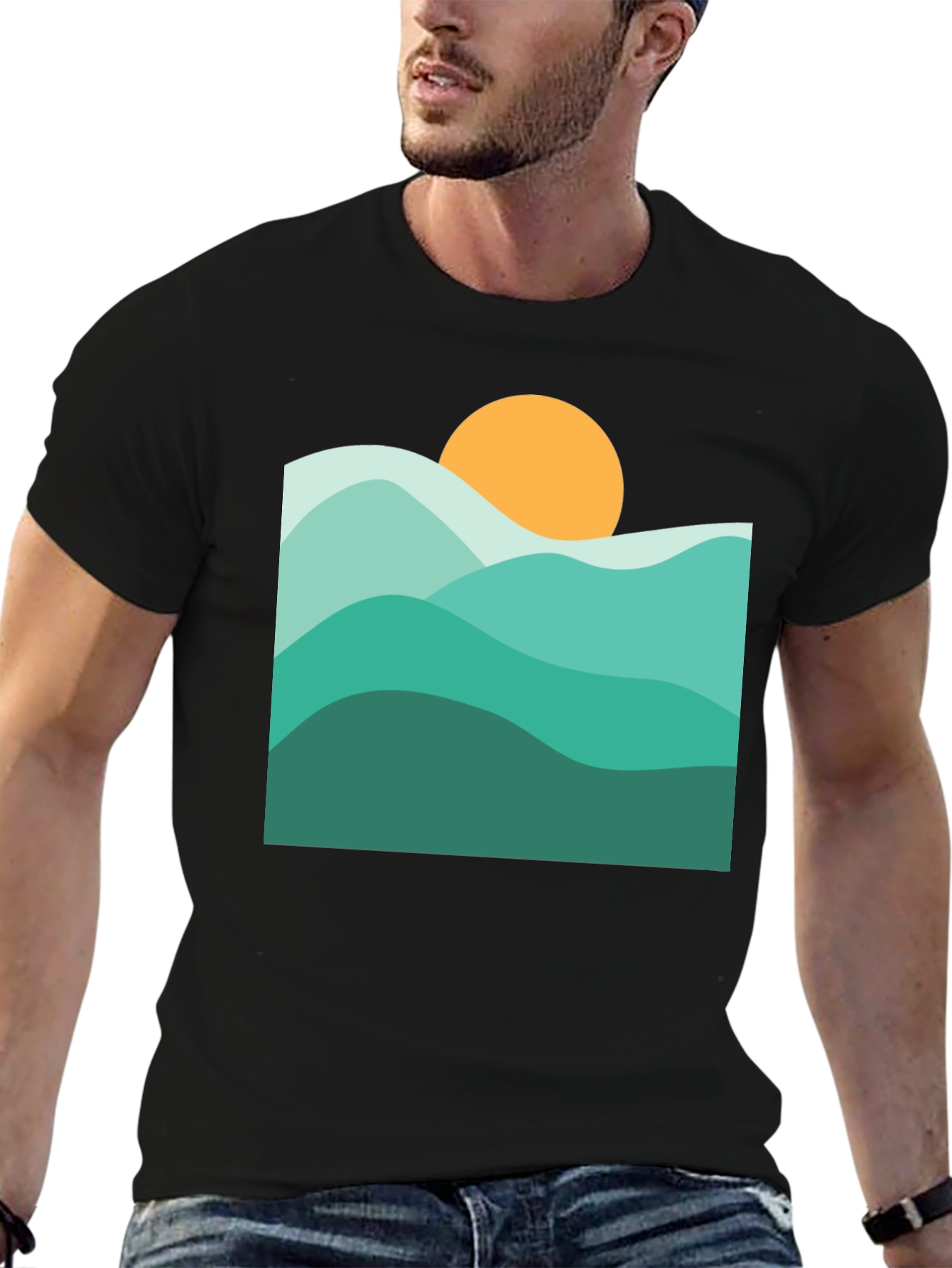Abstract Mountain & Sun Graphic Black T-Shirt