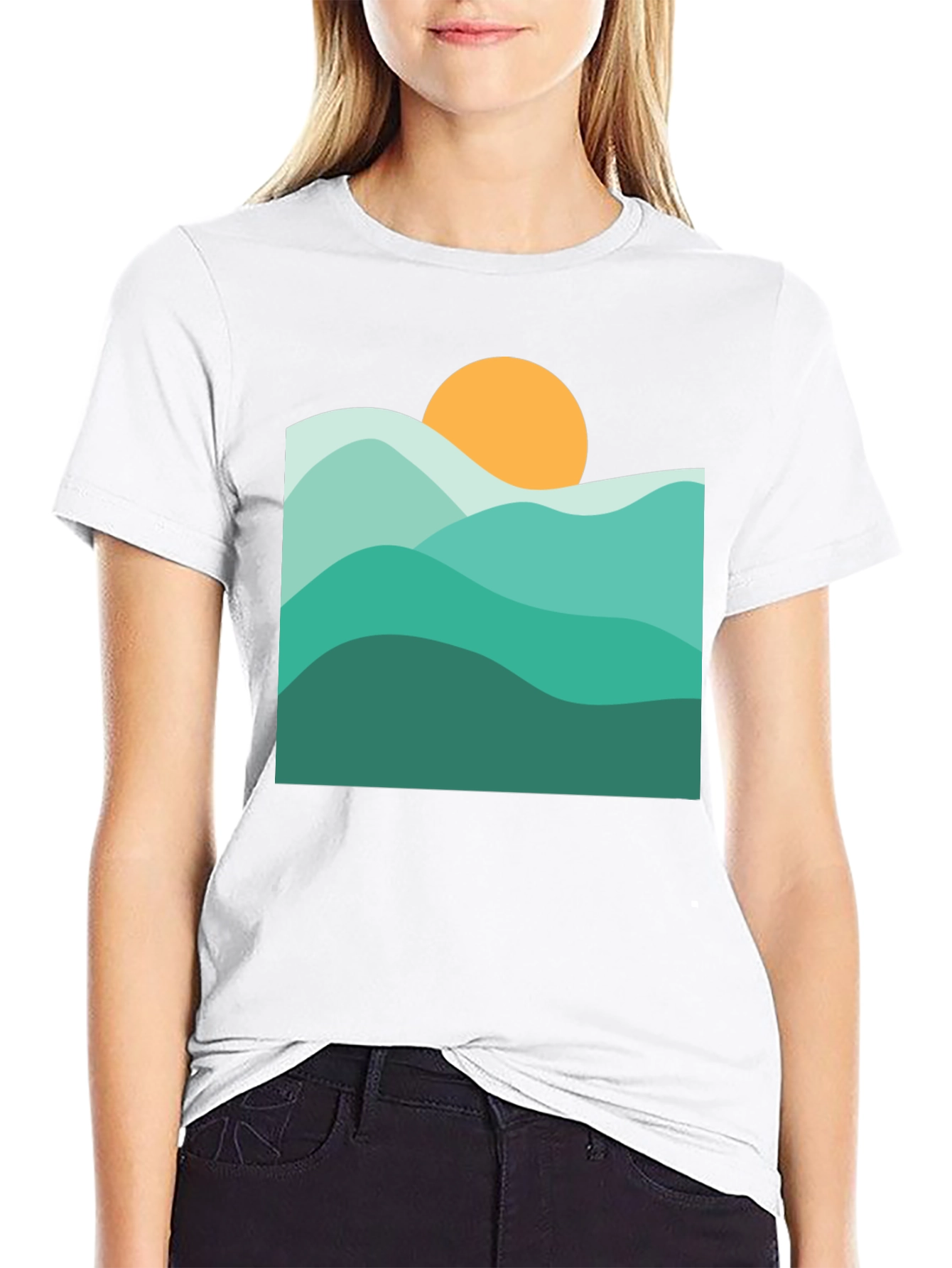 Abstract Mountain & Sun Graphic Black T-Shirt