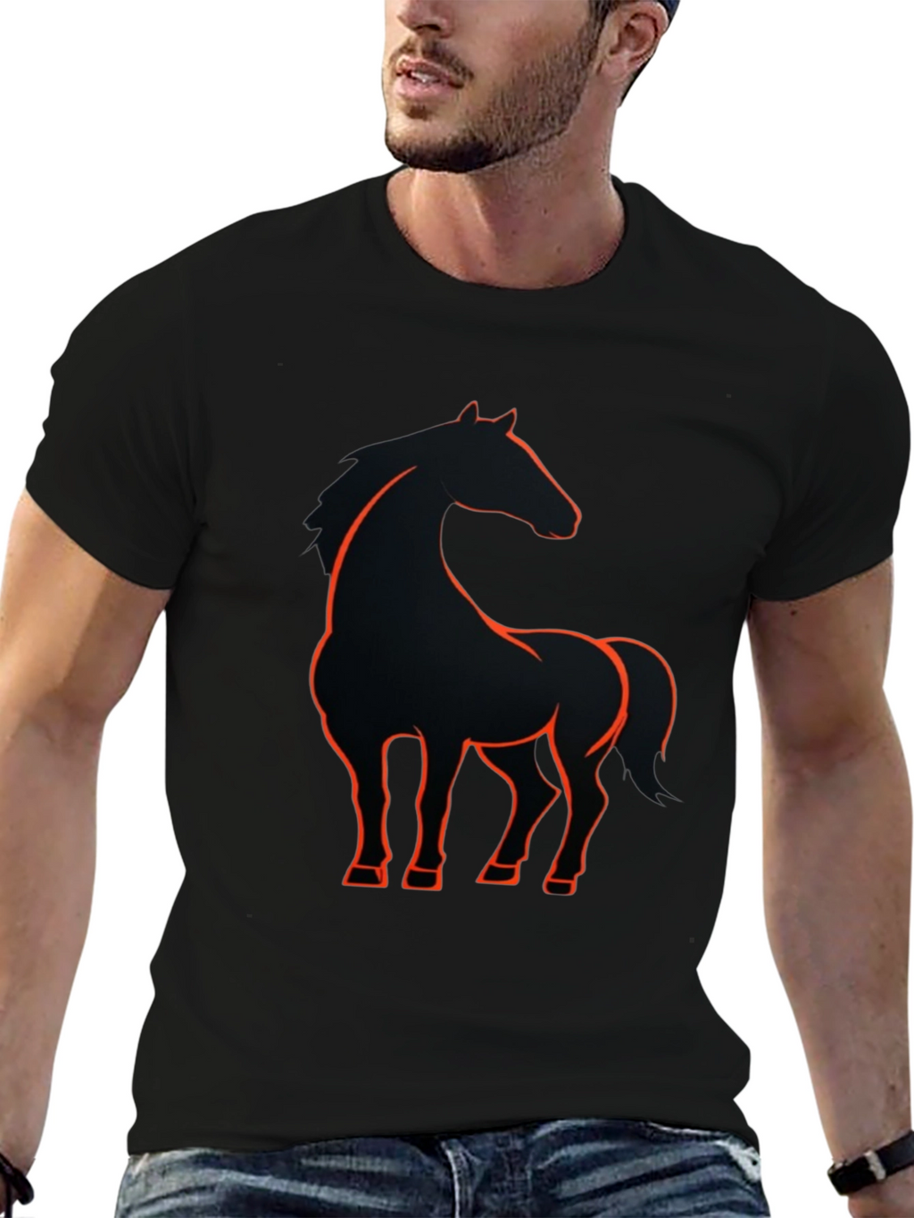 Black T-Shirt with Orange Horse Graphic