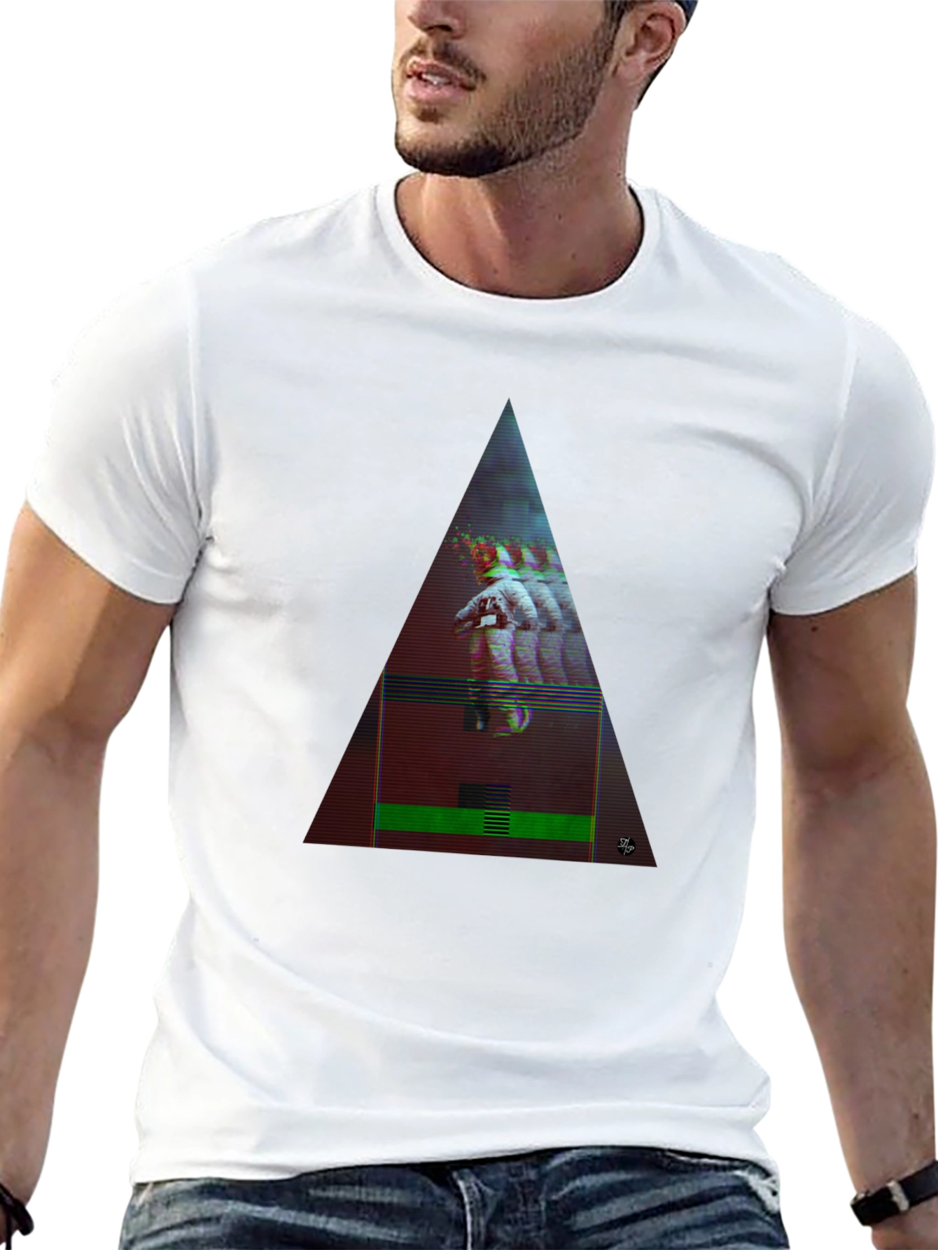 Astronaut Glitch Triangle Black T-Shirt