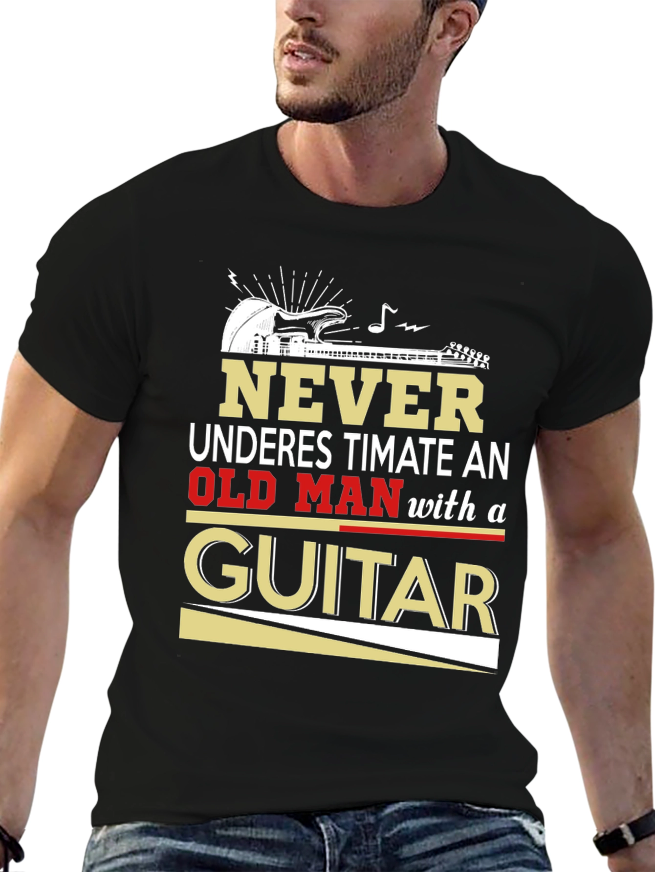 Never Underestimate Old Man with Guitar T-Shirt
