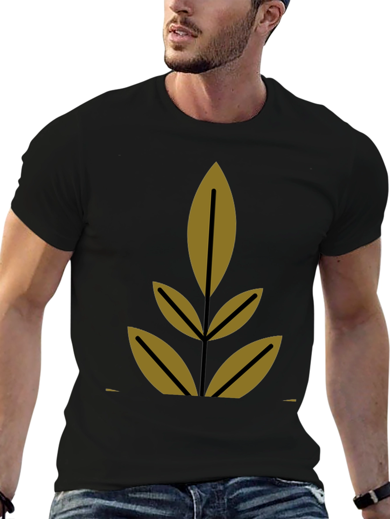 Modern Leaf Design Black T-Shirt
