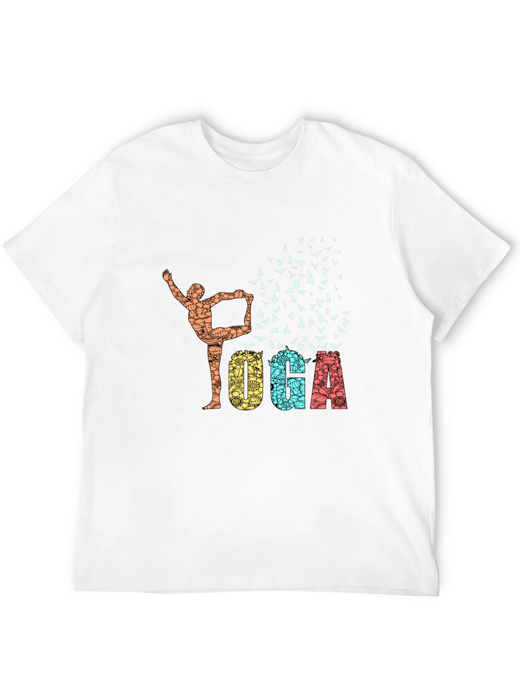 Yoga Pose & Birds Graphic Print Black T-Shirt