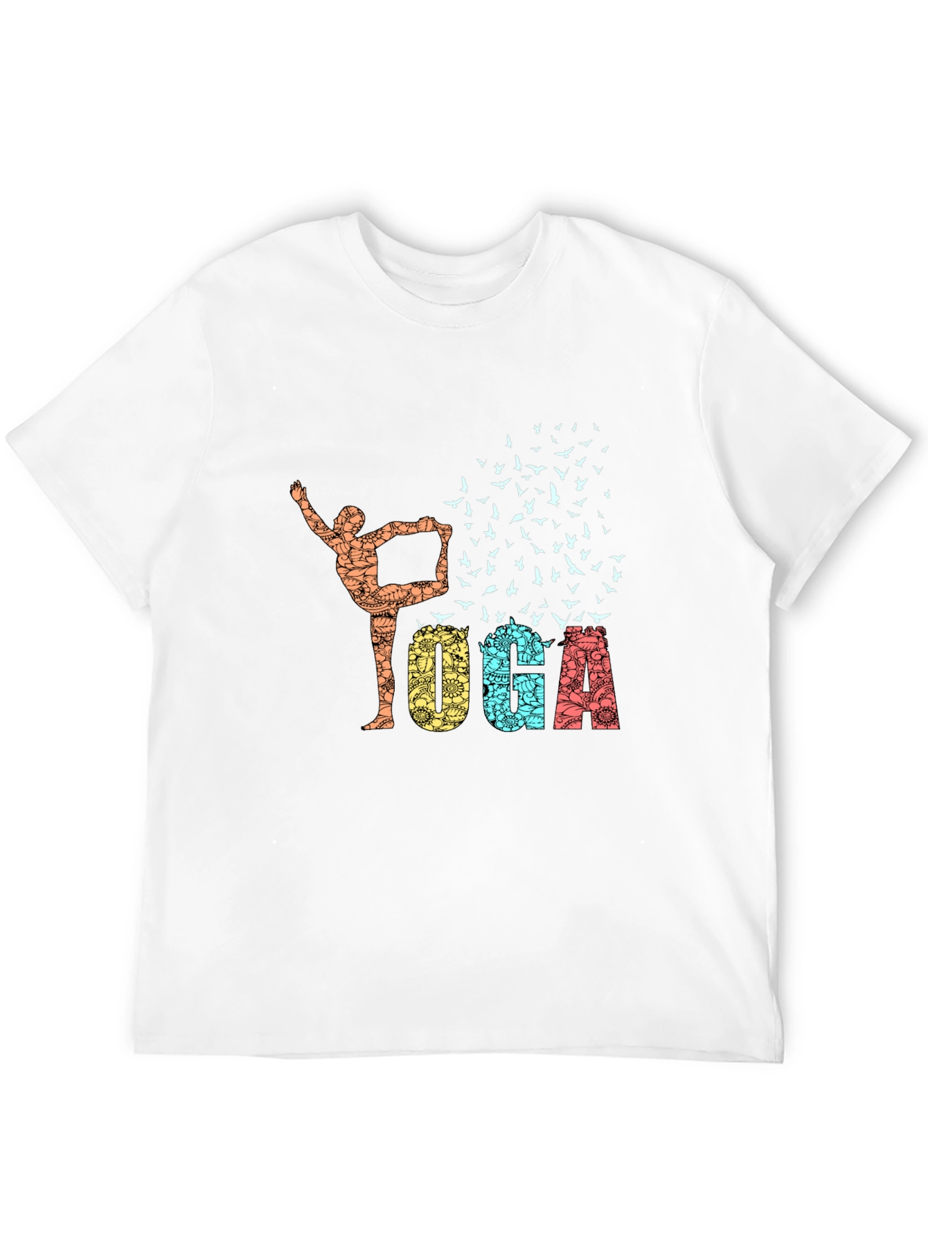 Yoga Pose & Birds Graphic Print Black T-Shirt