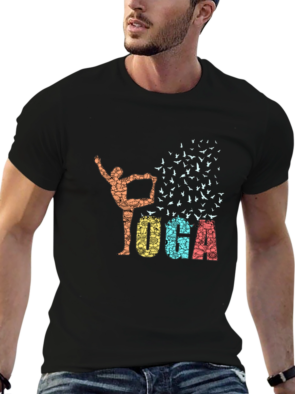 Yoga Pose & Birds Graphic Print Black T-Shirt