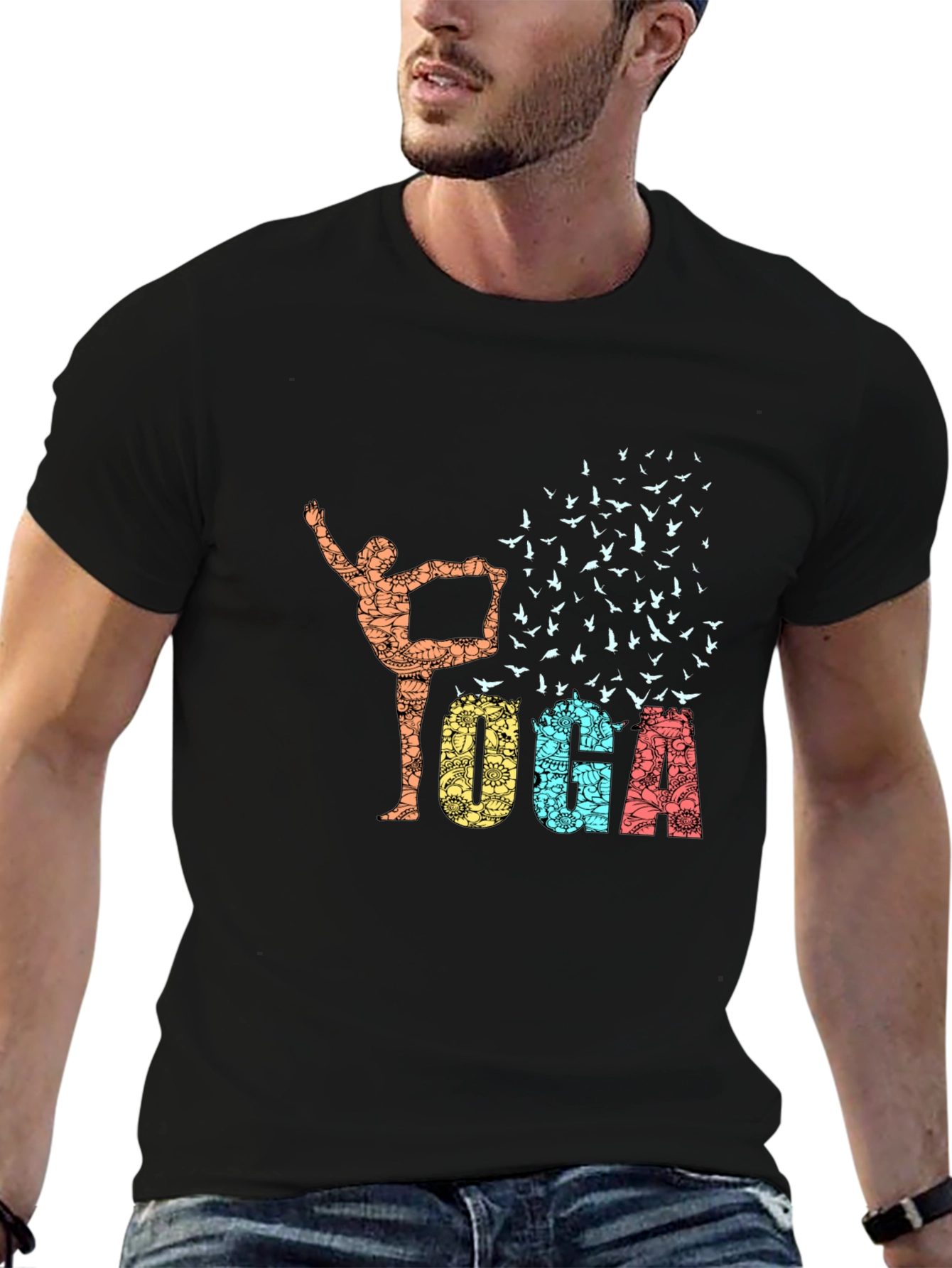 Yoga Pose & Birds Graphic Print Black T-Shirt