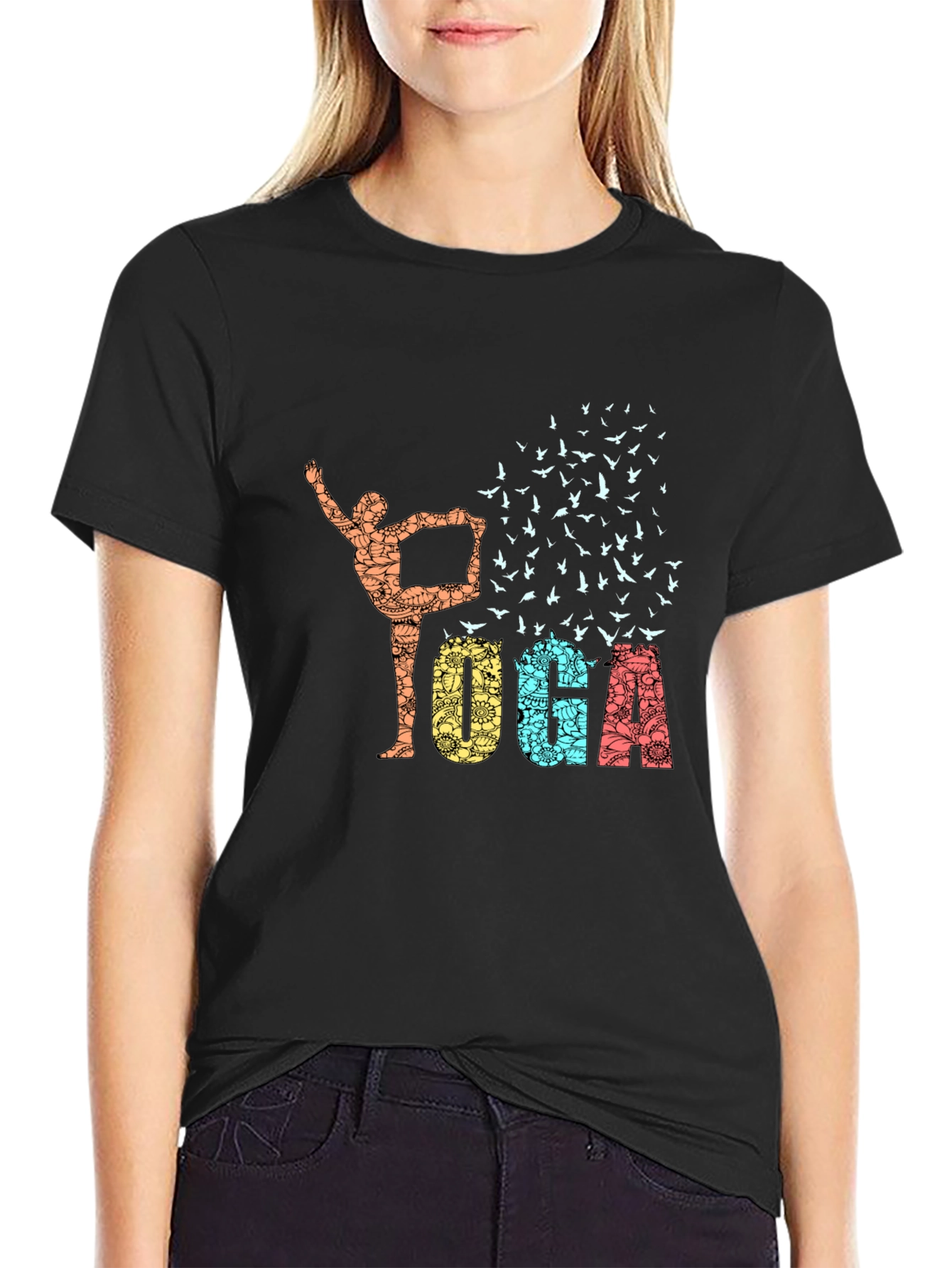 Yoga Pose & Birds Graphic Print Black T-Shirt