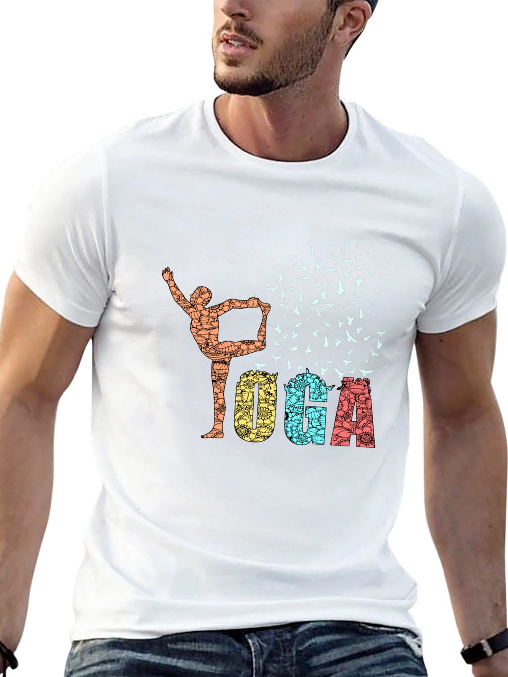 Yoga Pose & Birds Graphic Print Black T-Shirt
