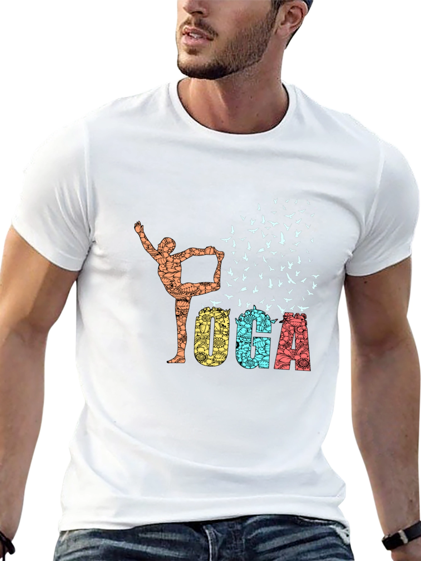 Yoga Pose & Birds Graphic Print Black T-Shirt