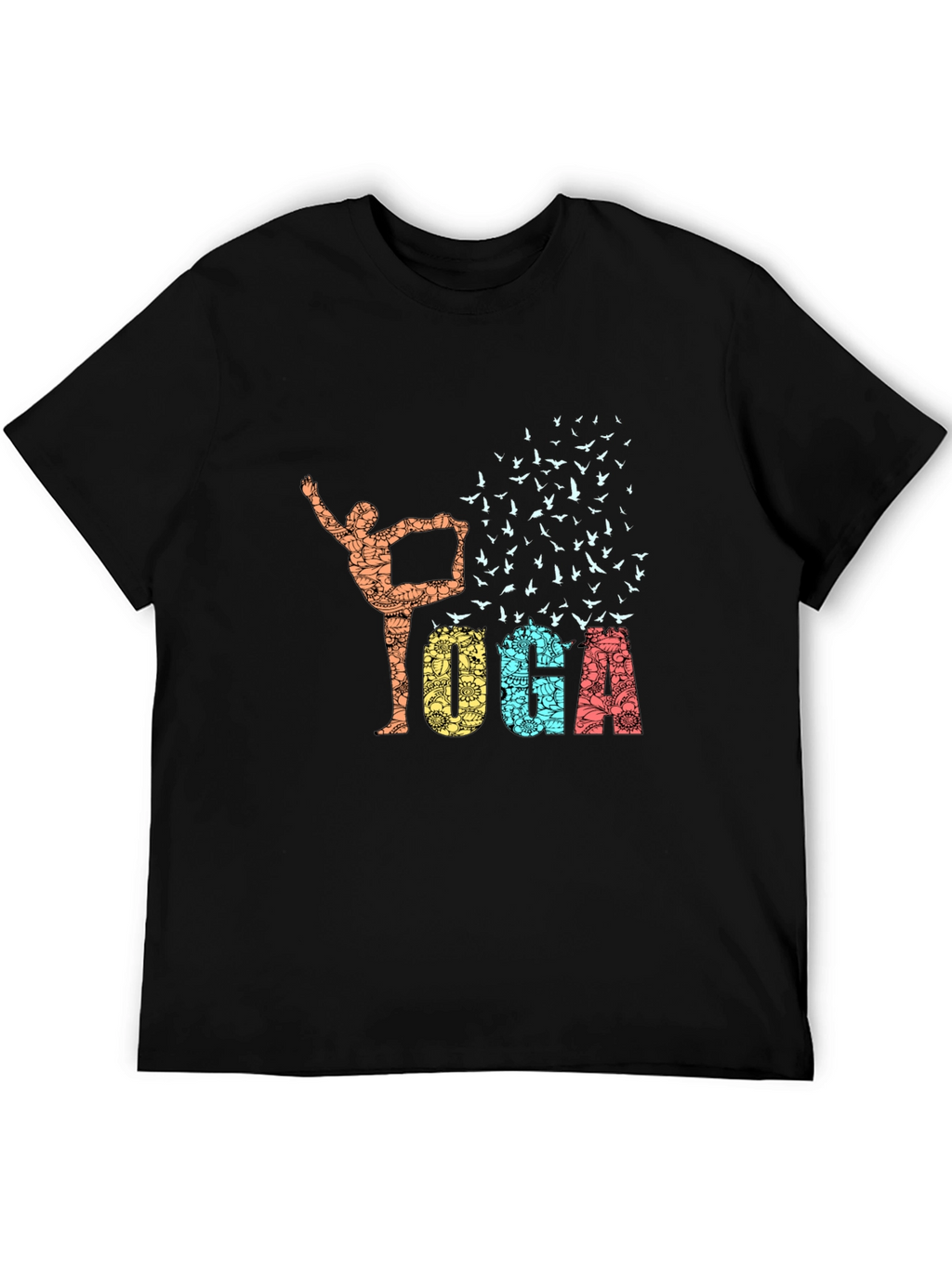 Yoga Pose & Birds Graphic Print Black T-Shirt