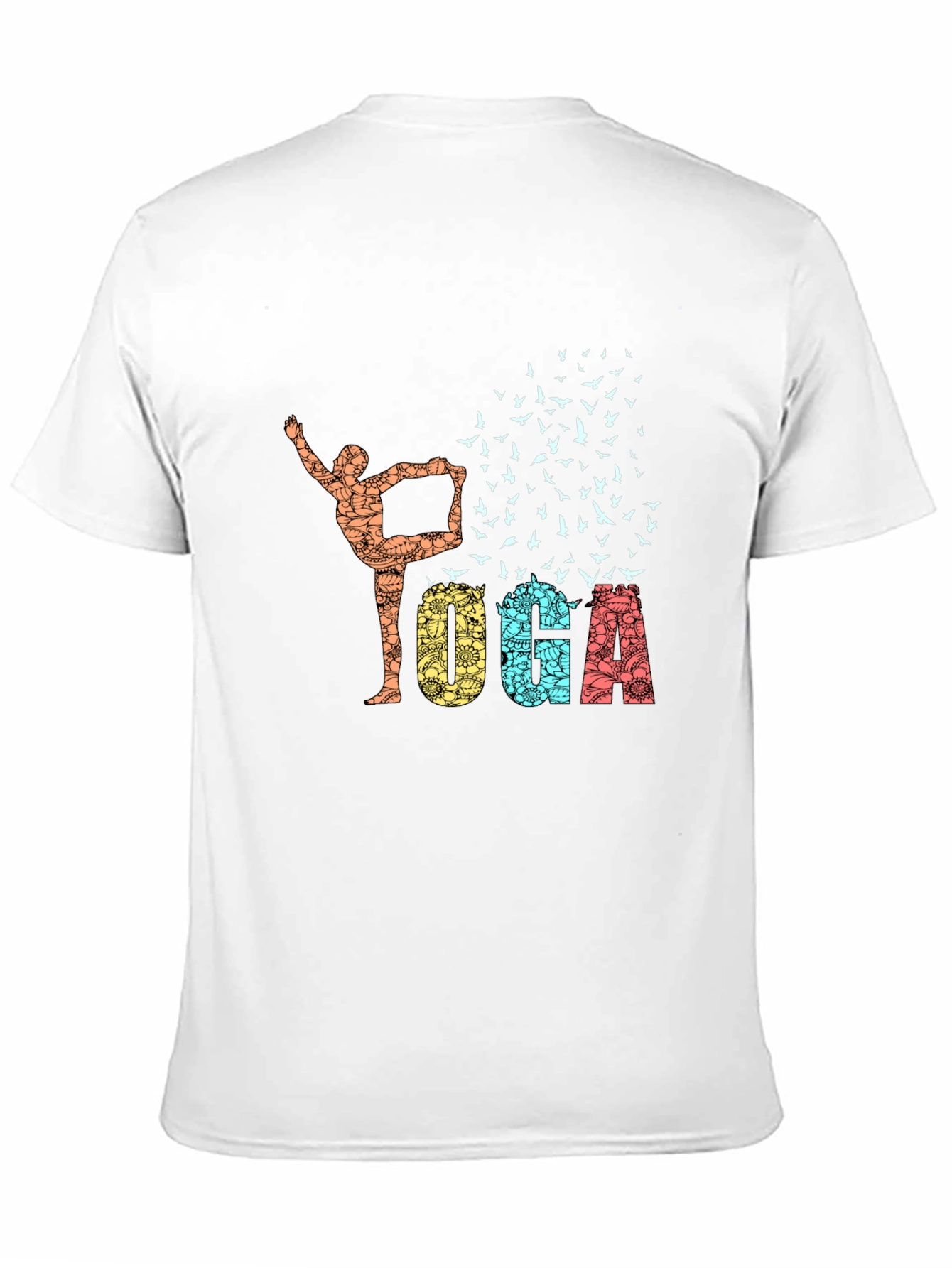 Yoga Pose & Birds Graphic Print Black T-Shirt
