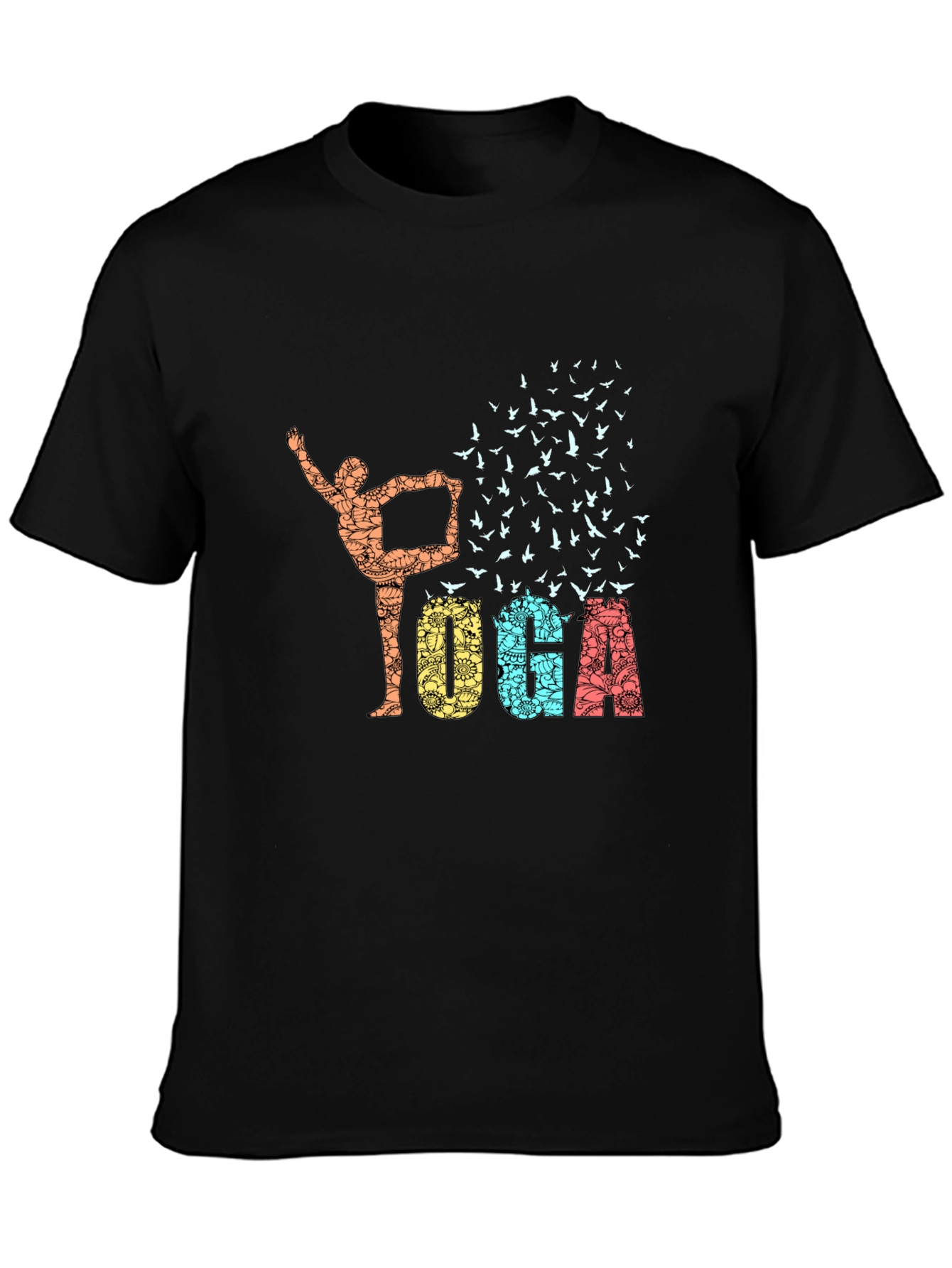 Yoga Pose & Birds Graphic Print Black T-Shirt