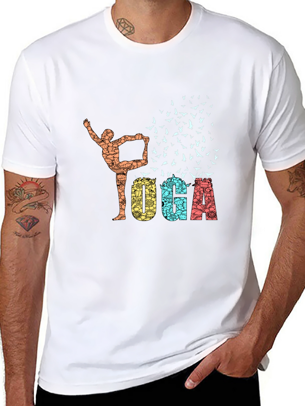 Yoga Pose & Birds Graphic Print Black T-Shirt