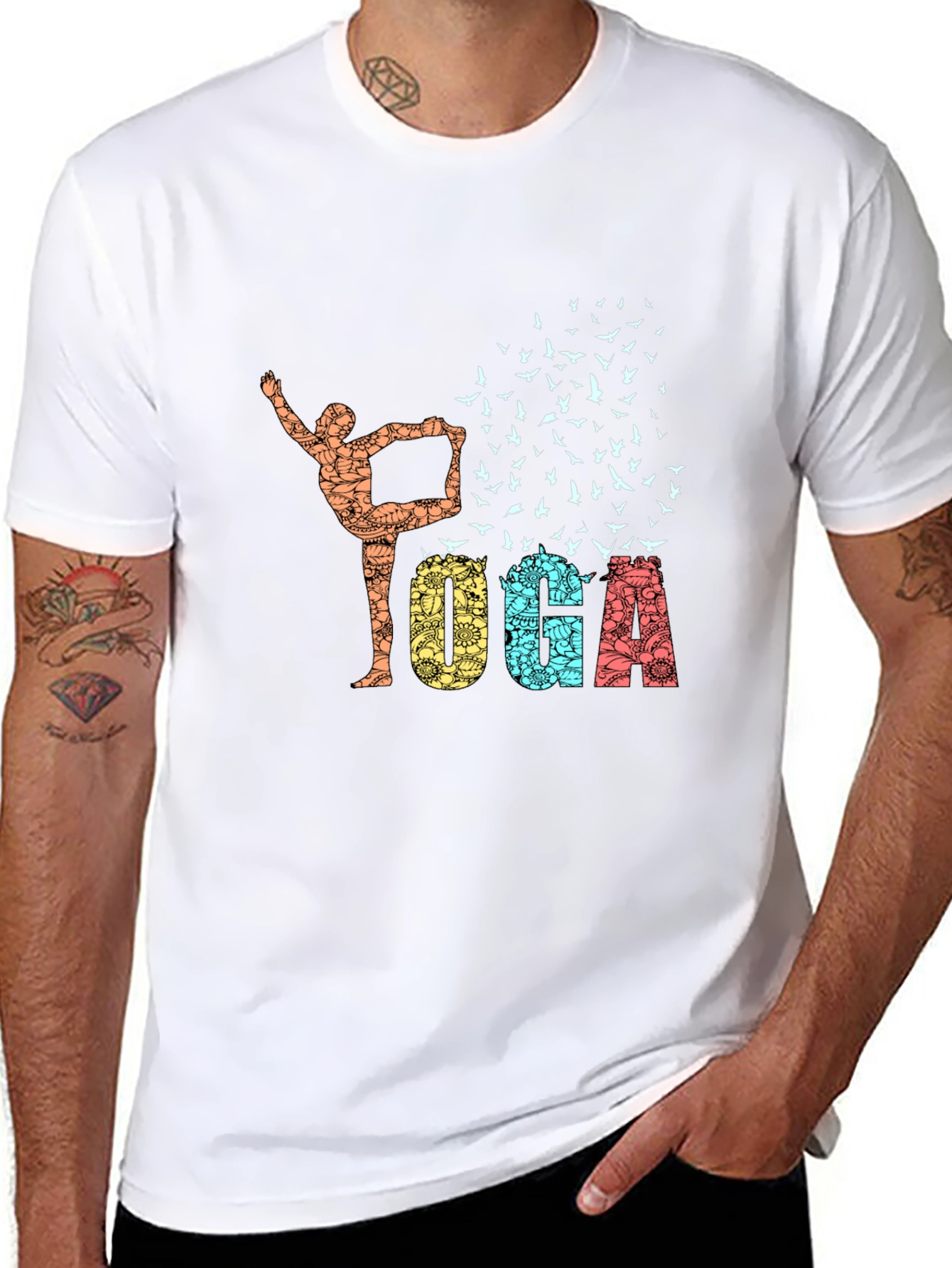 Yoga Pose & Birds Graphic Print Black T-Shirt
