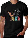 Yoga Pose & Birds Graphic Print Black T-Shirt