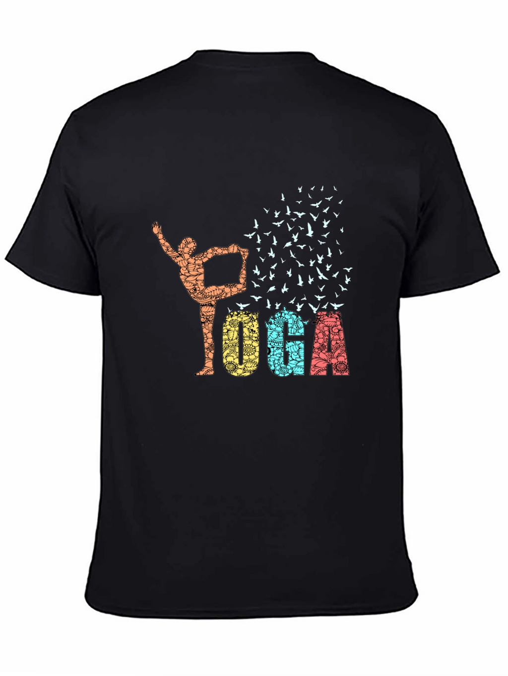 Yoga Pose & Birds Graphic Print Black T-Shirt