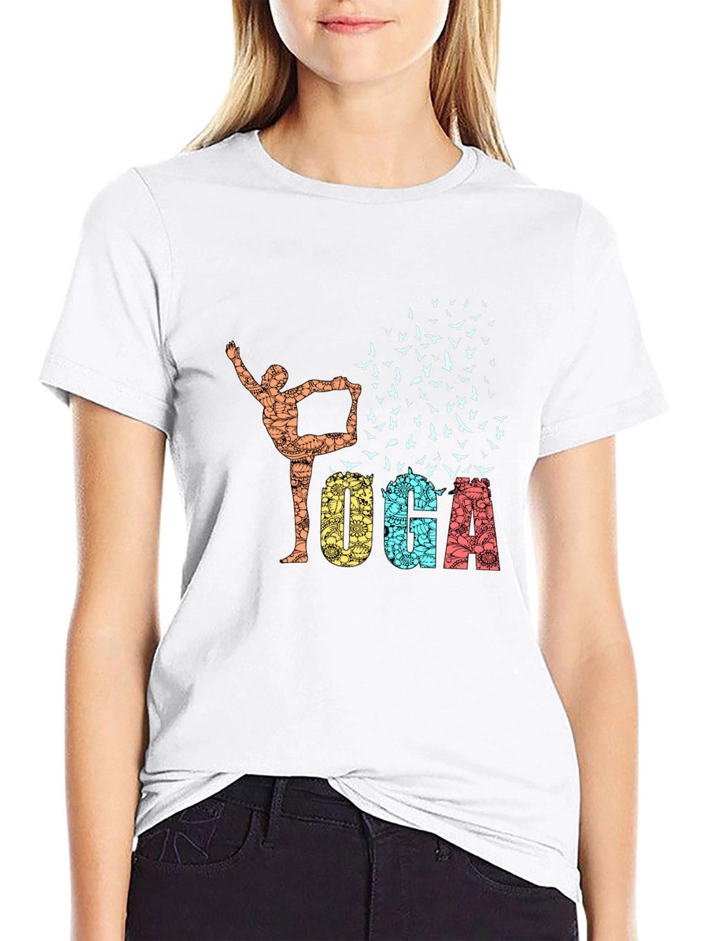 Yoga Pose & Birds Graphic Print Black T-Shirt