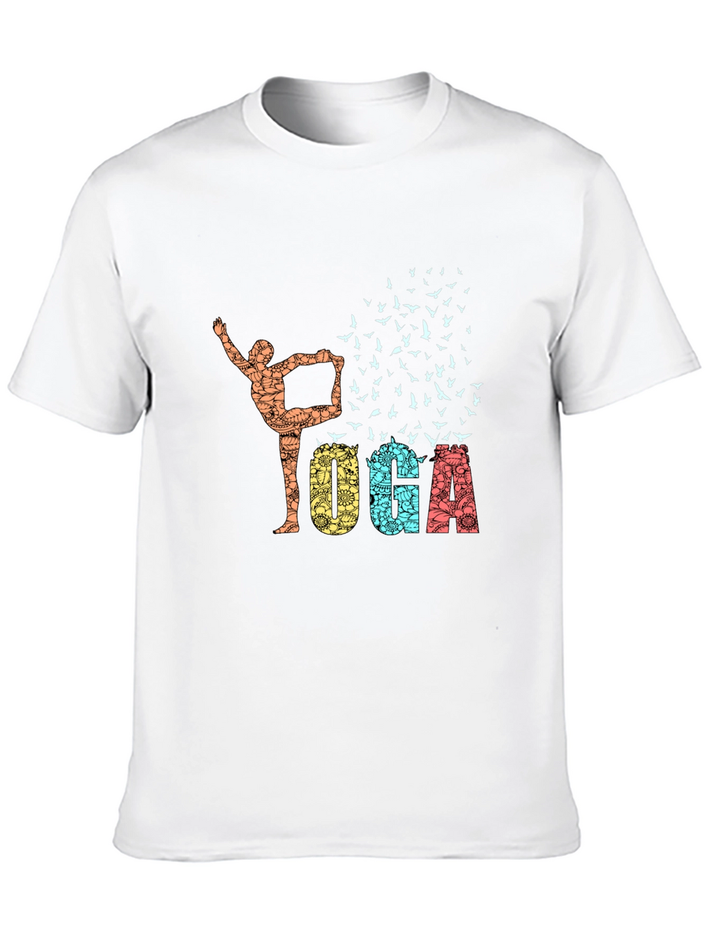 Yoga Pose & Birds Graphic Print Black T-Shirt