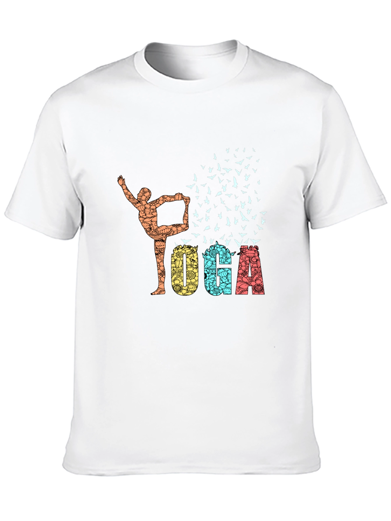 Yoga Pose & Birds Graphic Print Black T-Shirt