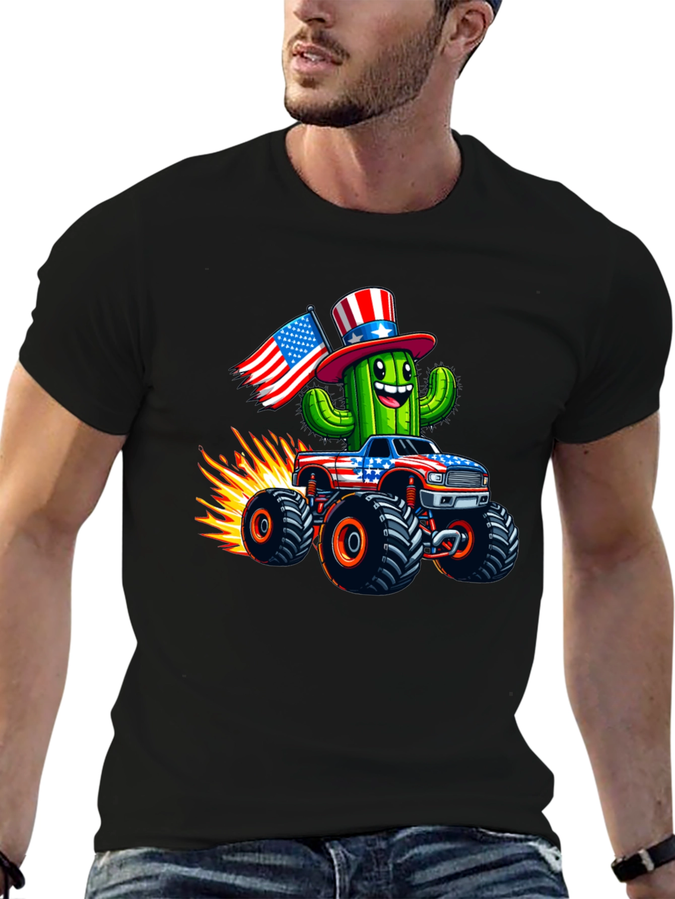 Patriotic Cactus Monster Truck Graphic Tee