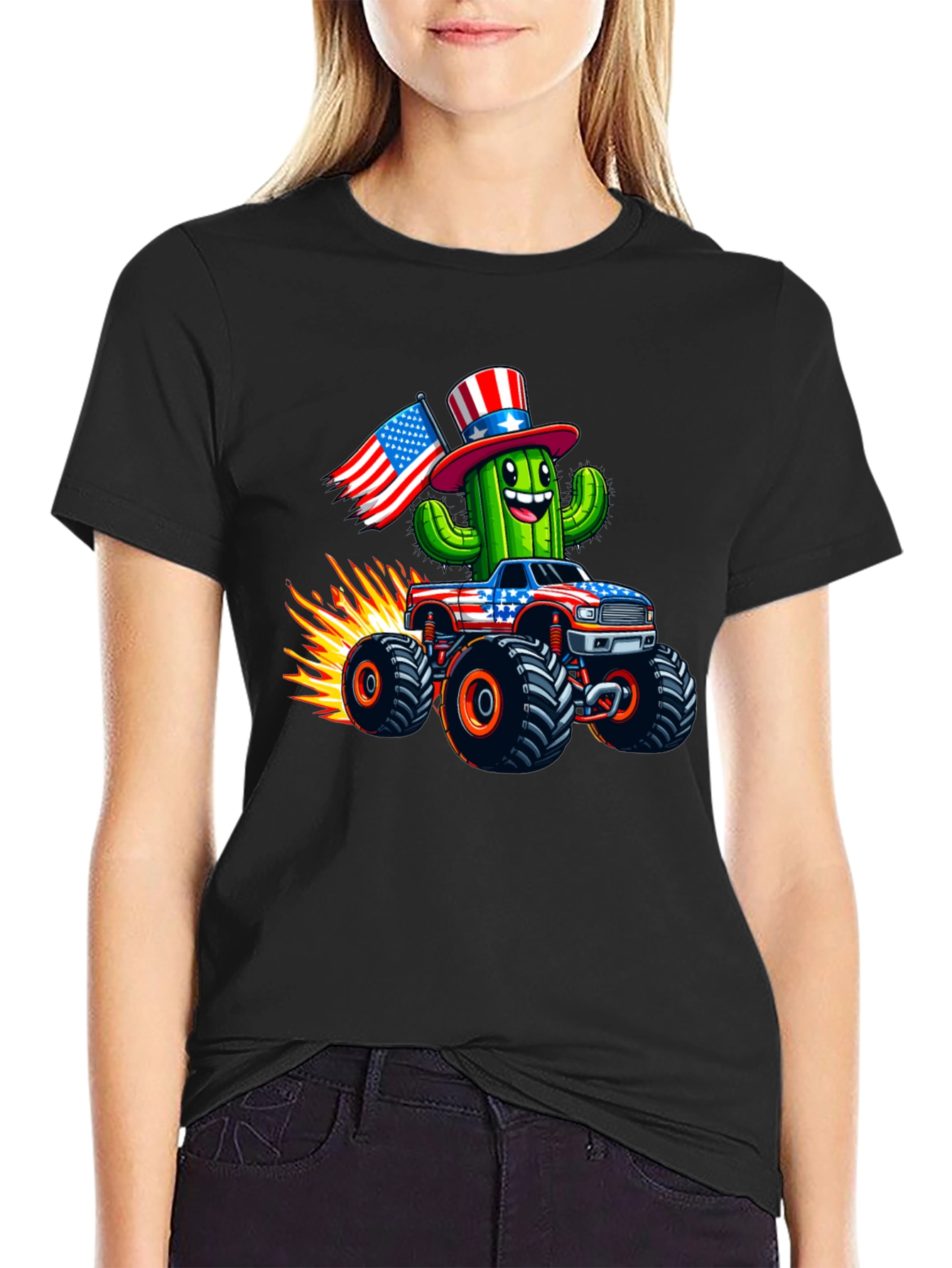 Patriotic Cactus Monster Truck Graphic Tee
