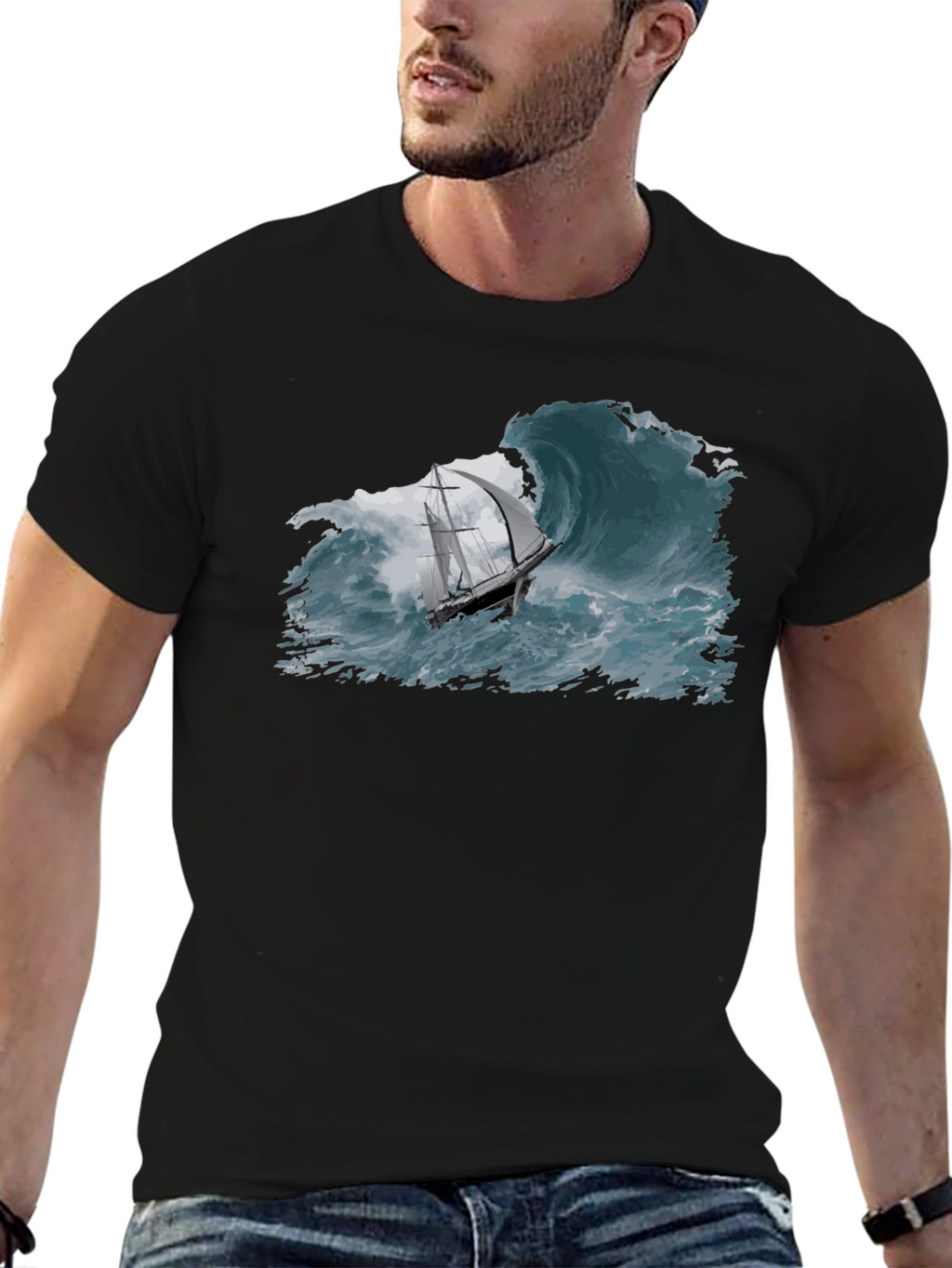 Nautical Wave T-Shirt - Black Cotton Tee