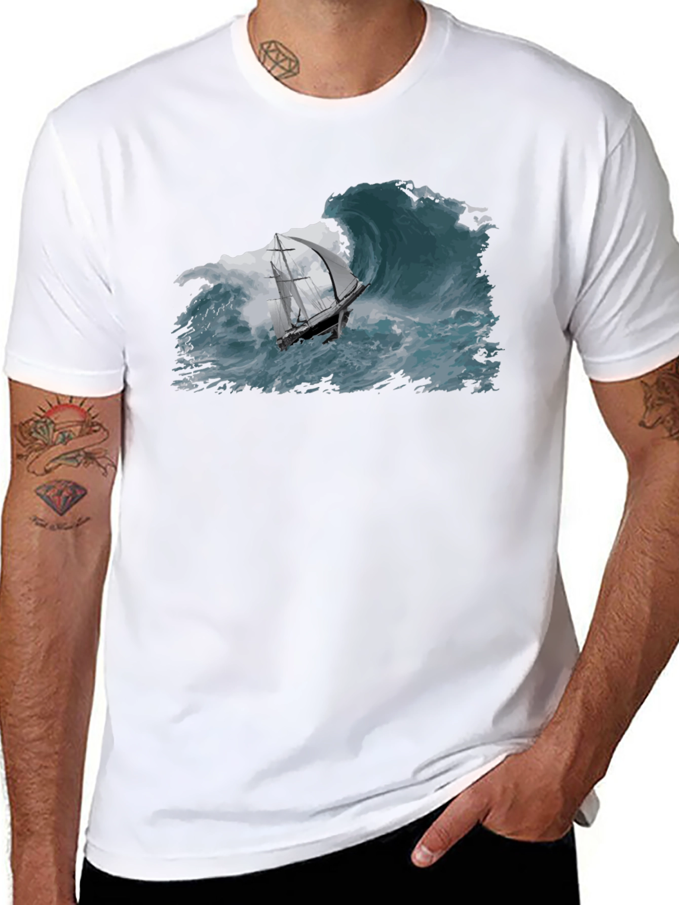 Nautical Wave T-Shirt - Black Cotton Tee
