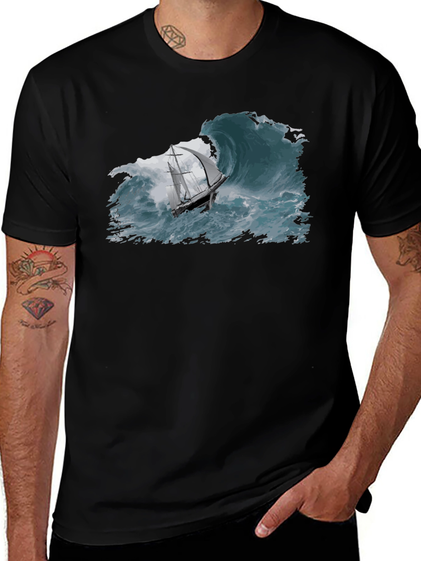 Nautical Wave T-Shirt - Black Cotton Tee