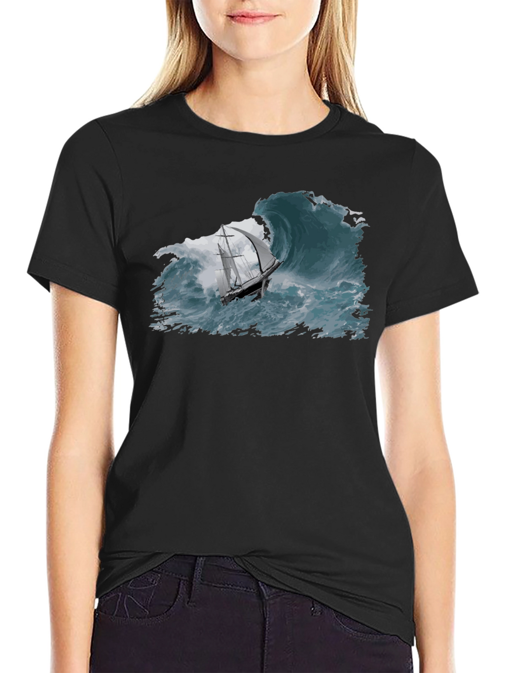 Nautical Wave T-Shirt - Black Cotton Tee