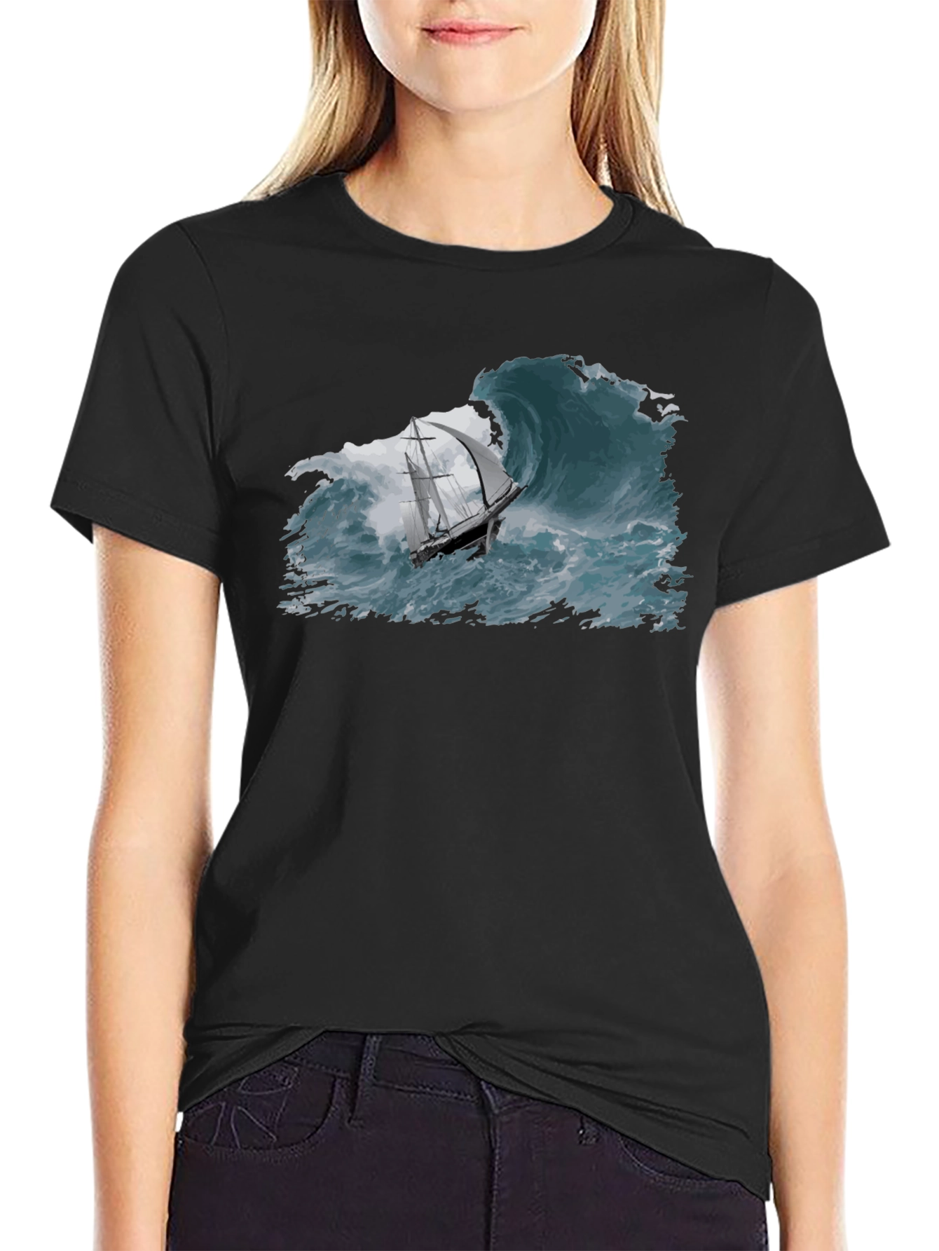 Nautical Wave T-Shirt - Black Cotton Tee